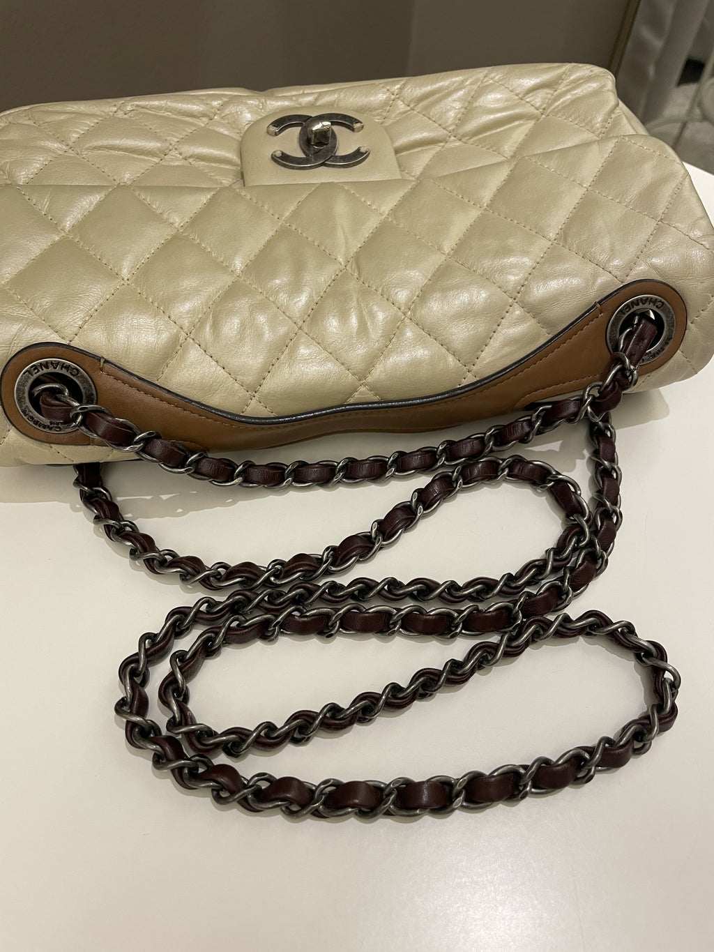 Chanel Quilted Handle Flap Bag Beige Calfskin