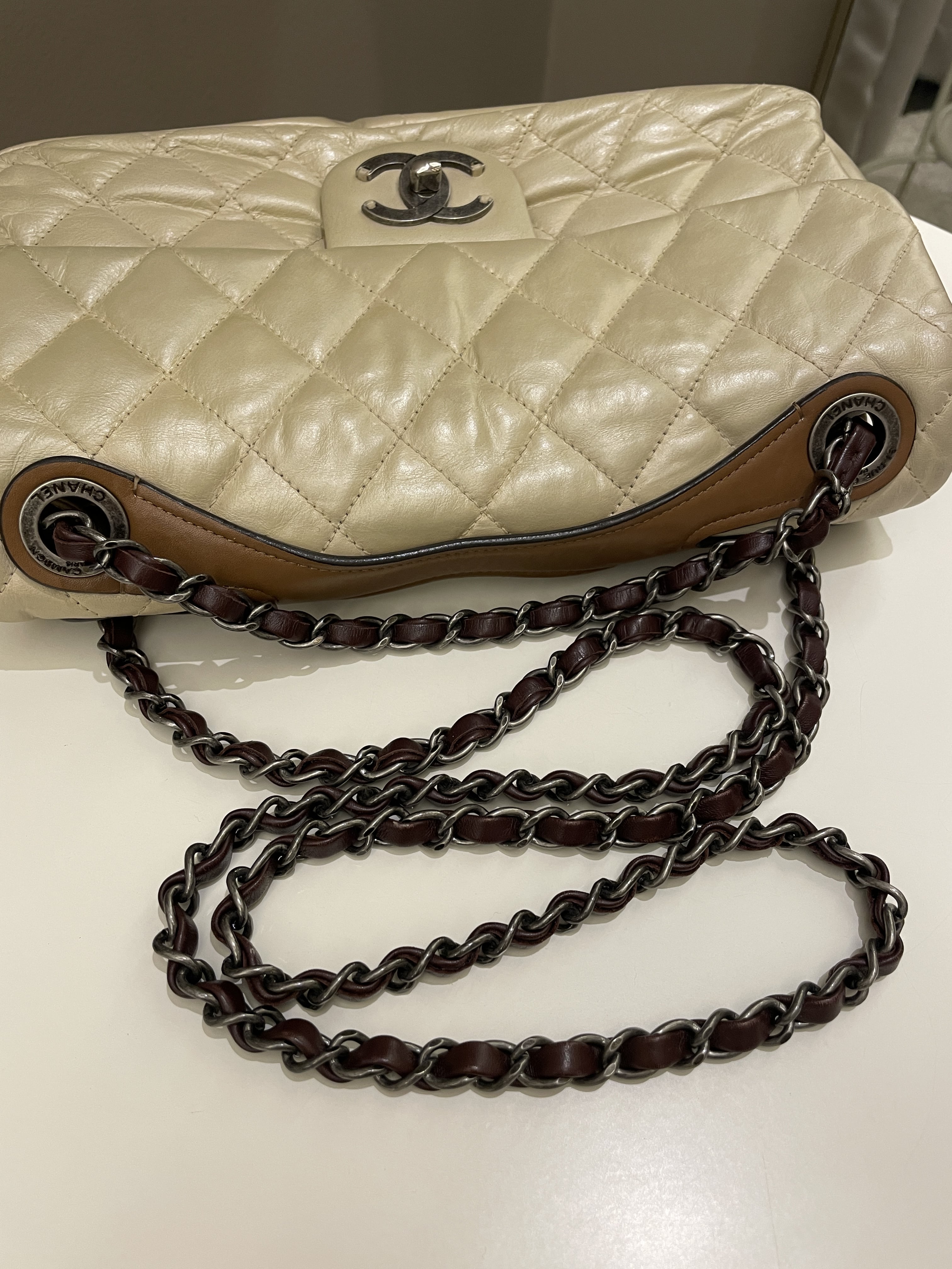 Chanel Quilted Handle Flap Bag Beige Calfskin