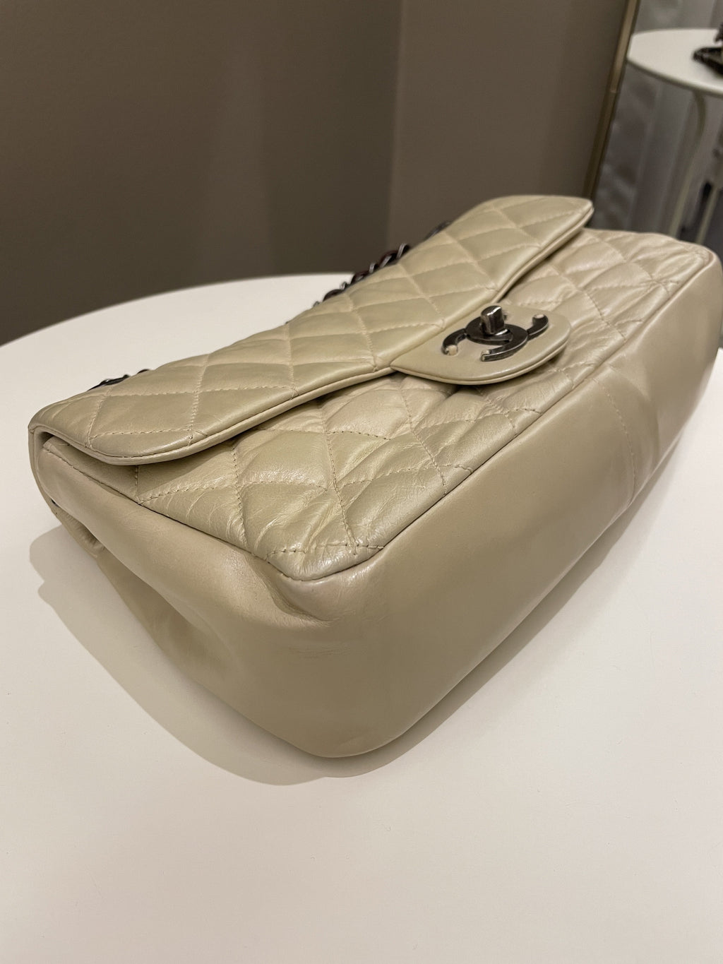 Chanel Quilted Handle Flap Bag Beige Calfskin