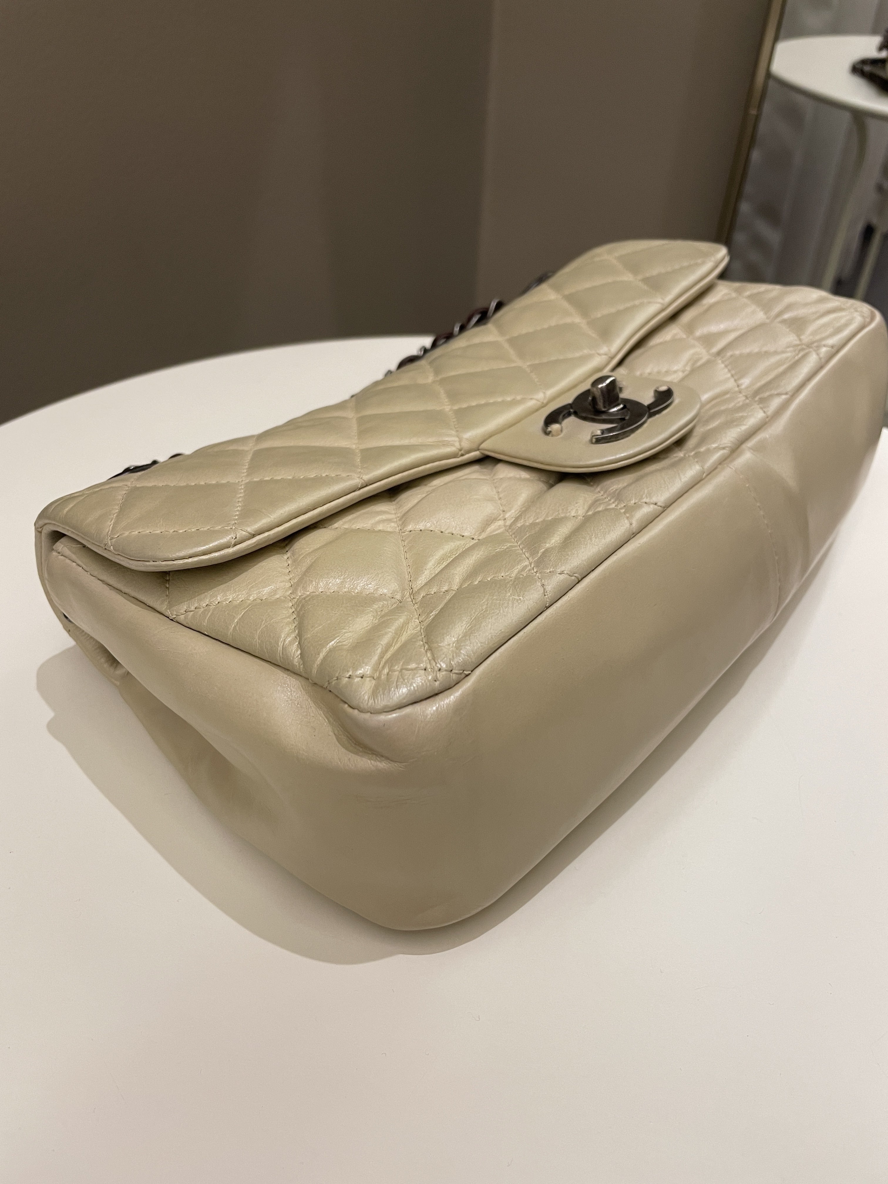 Chanel Quilted Handle Flap Bag Beige Calfskin