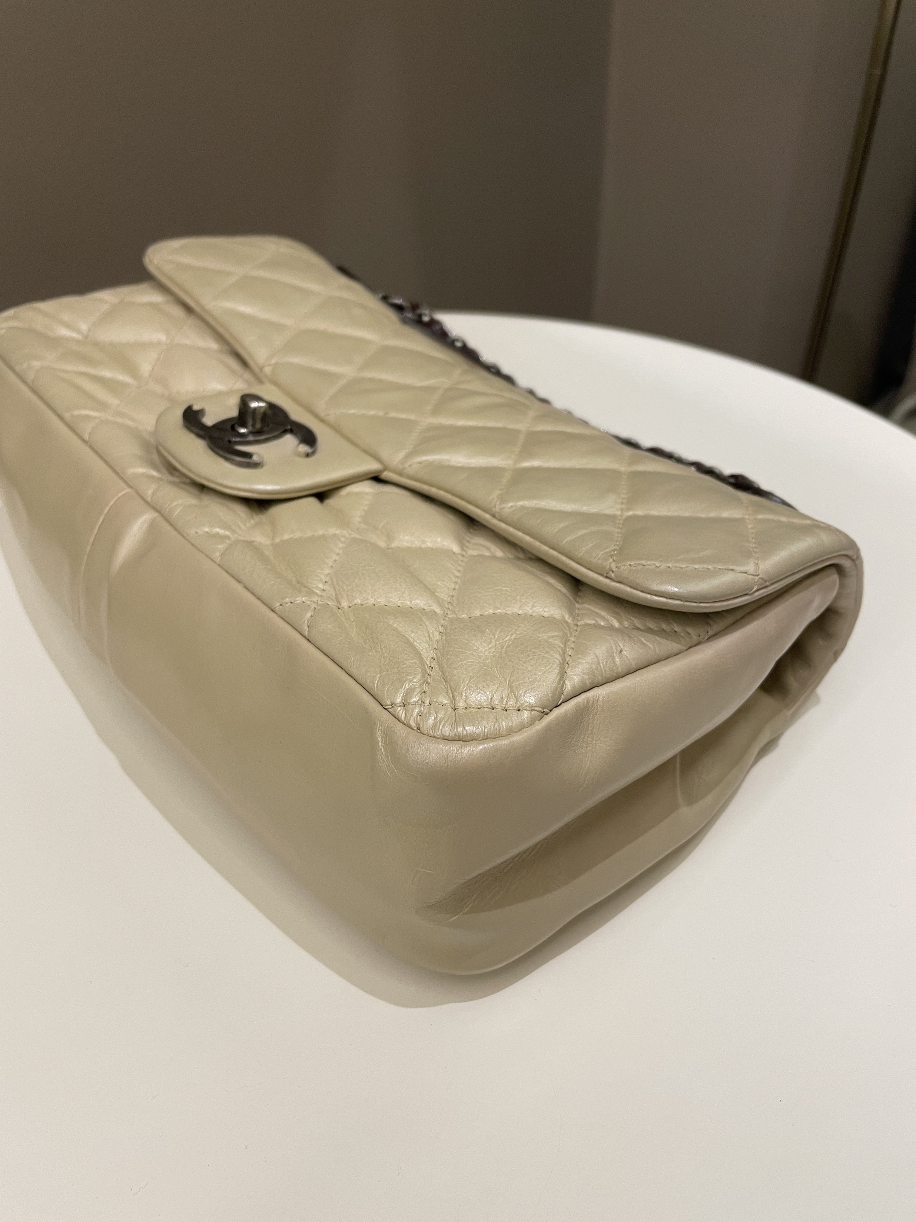 Chanel Quilted Handle Flap Bag Beige Calfskin
