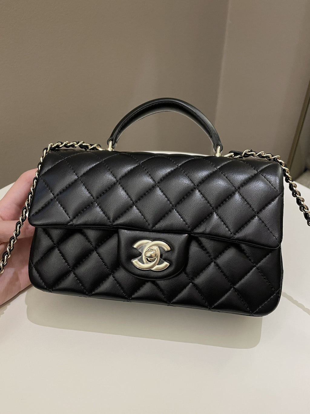 Chanel Quilted Top Handle Mini Rectangular Black Lambskin