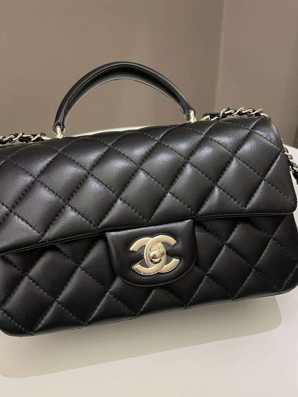 Chanel Quilted Top Handle Mini Rectangular Black Lambskin