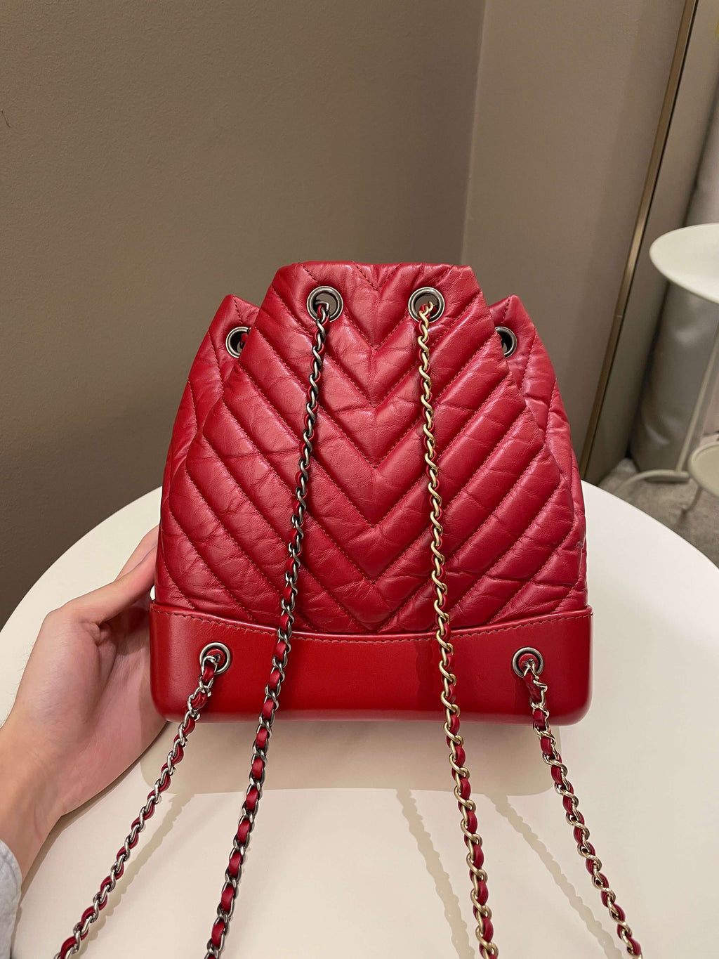 Chanel Chevron Gabrielle Backpack Red Aged Calfskin