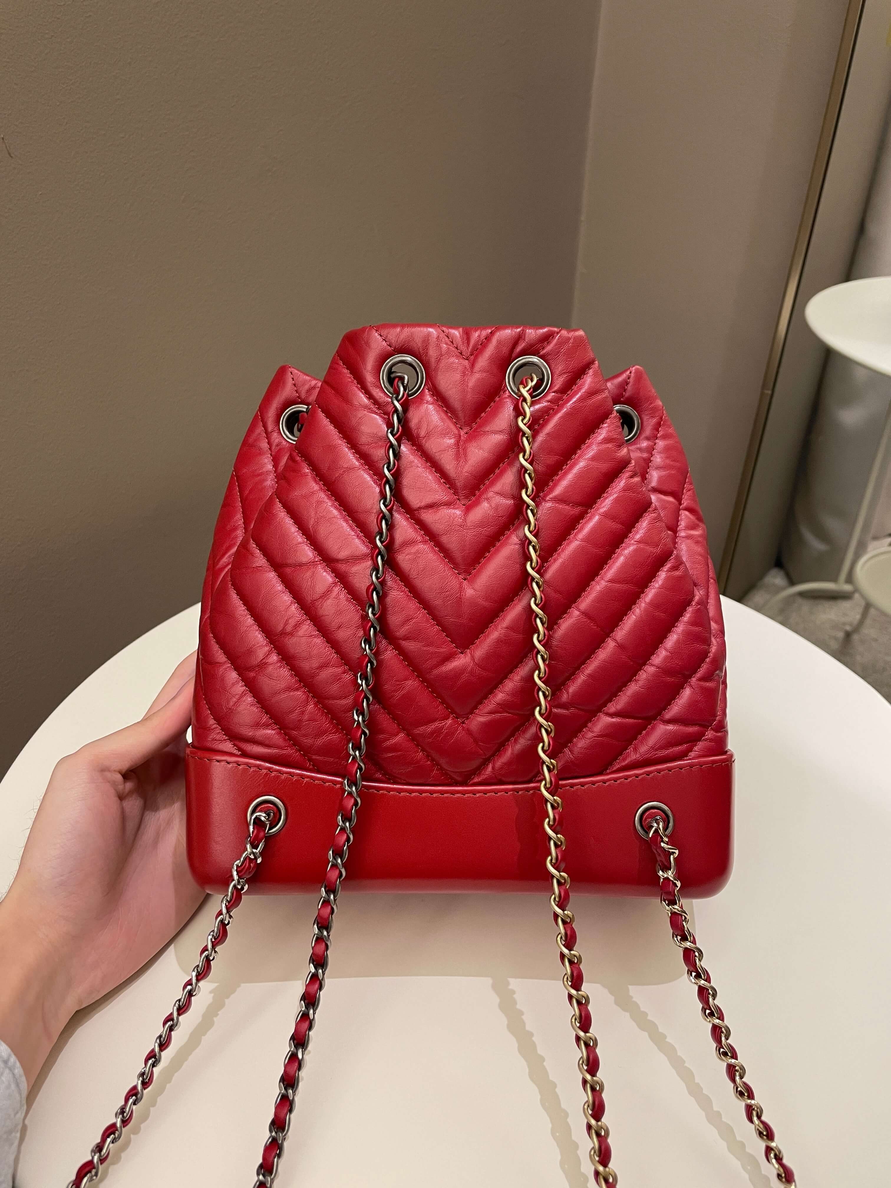 Chanel Chevron Gabrielle Backpack Red Aged Calfskin