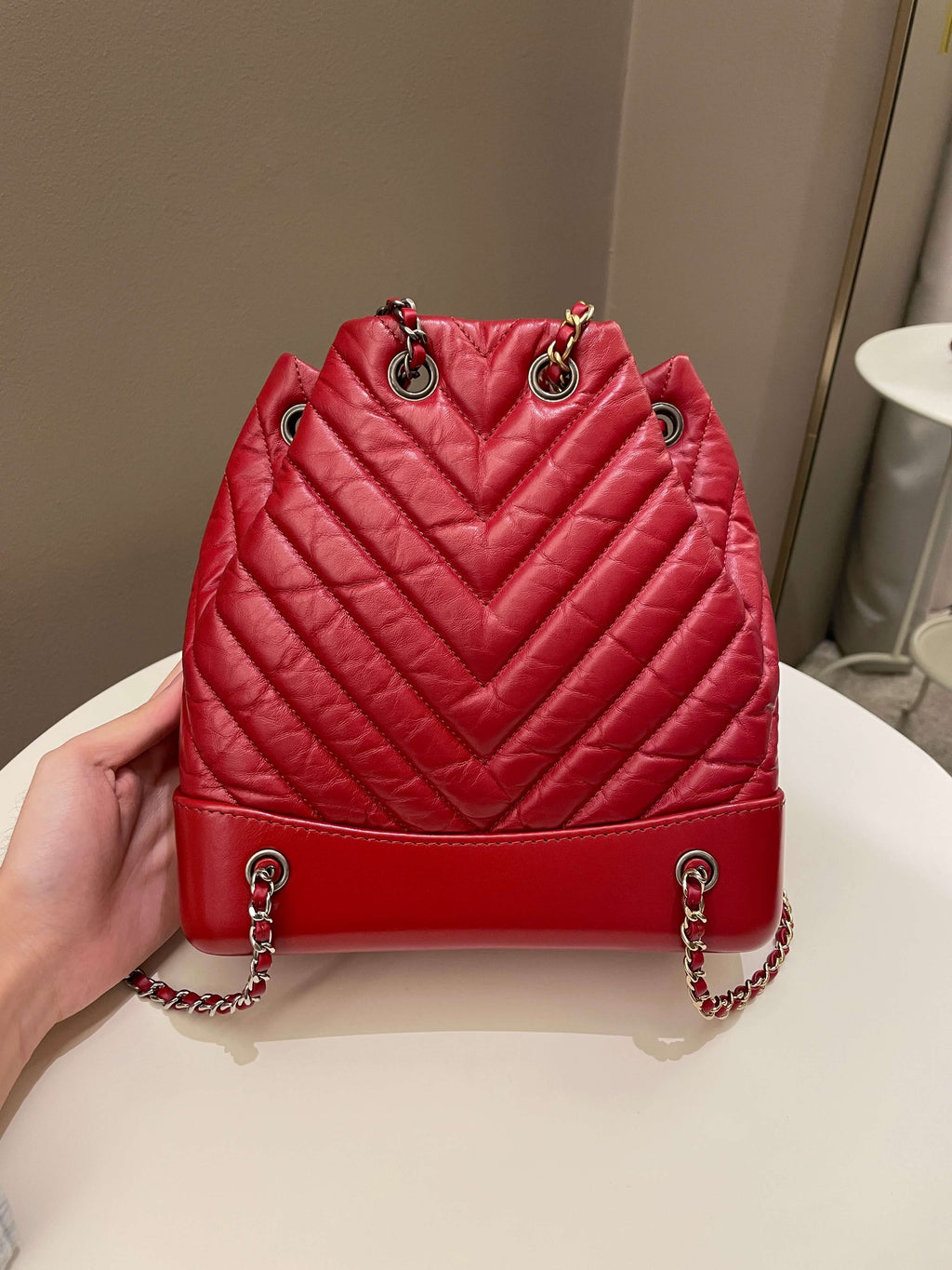 Chanel Chevron Gabrielle Backpack Red Aged Calfskin