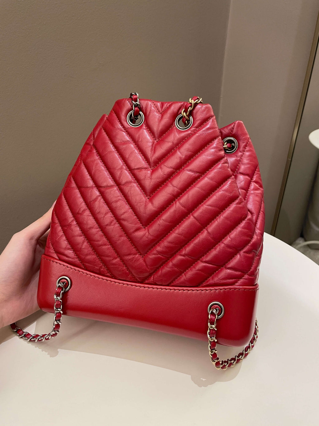 Chanel Chevron Gabrielle Backpack Red Aged Calfskin