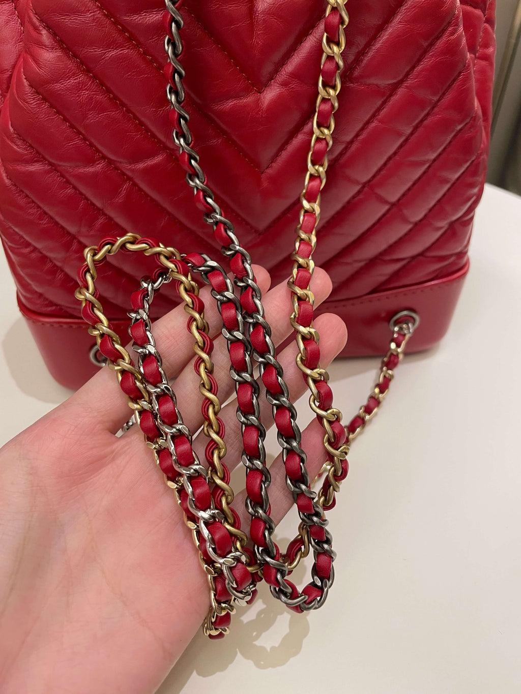 Chanel Chevron Gabrielle Backpack Red Aged Calfskin