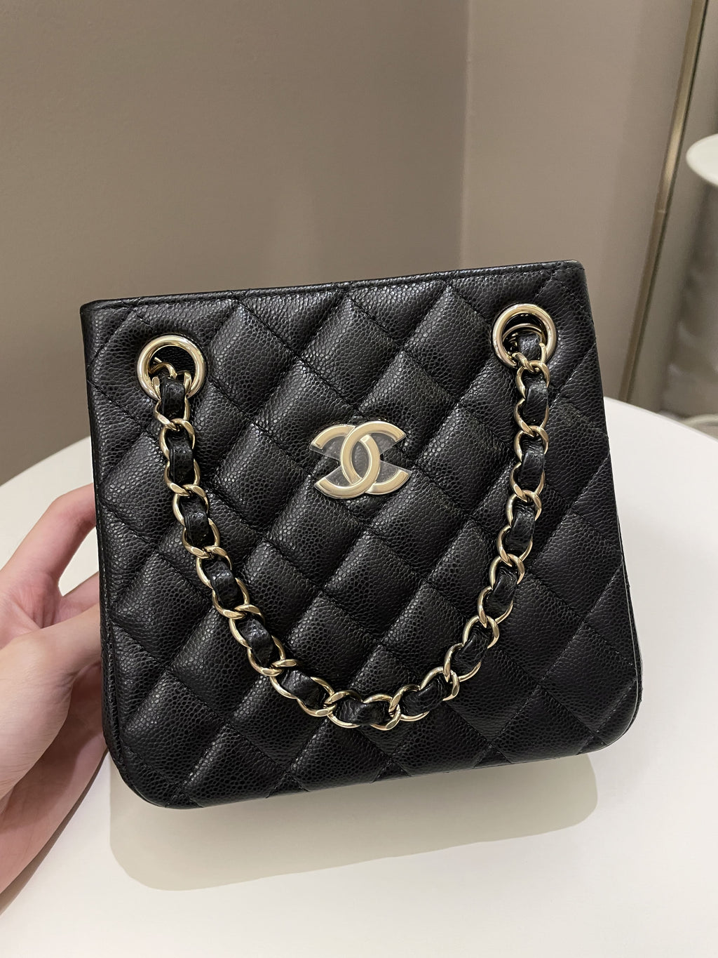 Chanel Quilted Cc Bucket Bag Black Caviar