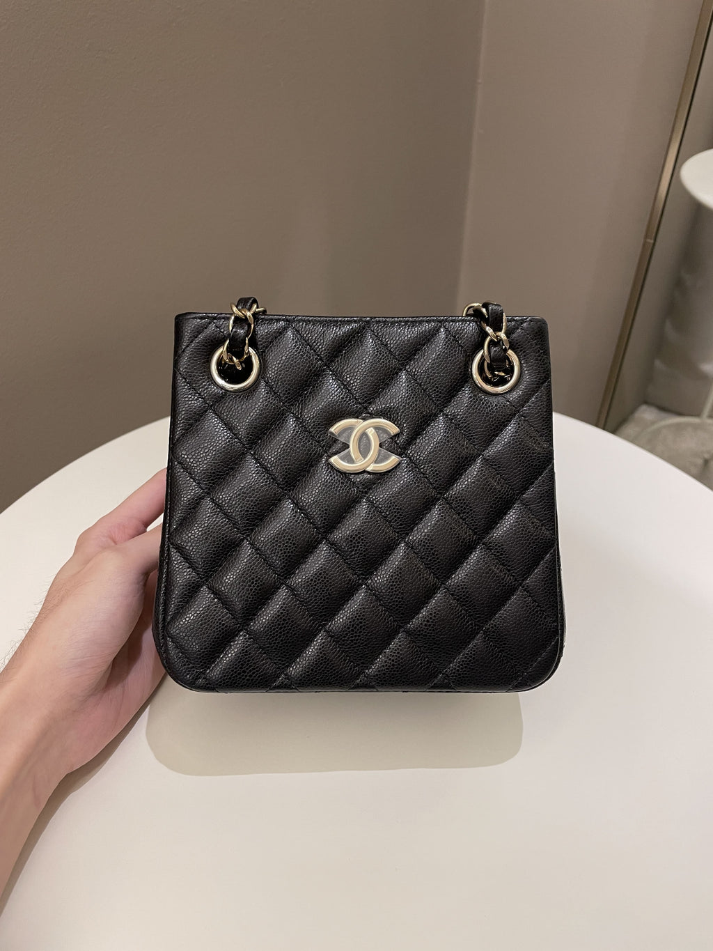 Chanel Quilted Cc Bucket Bag Black Caviar