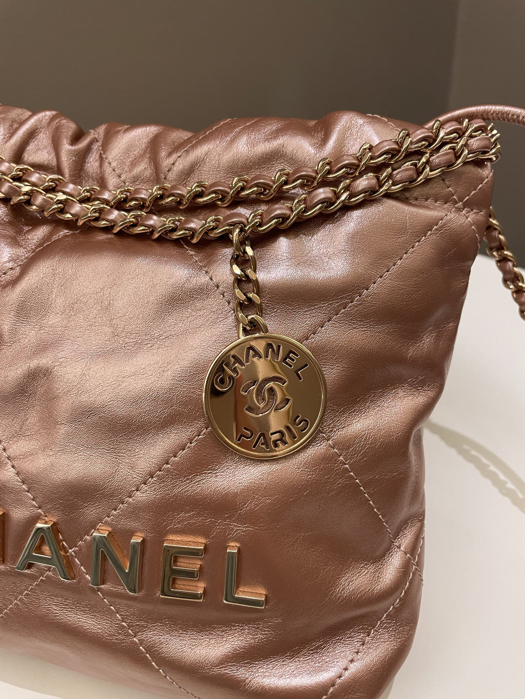 Chanel 23S Mini 22 Metallic Rose Gold Copper