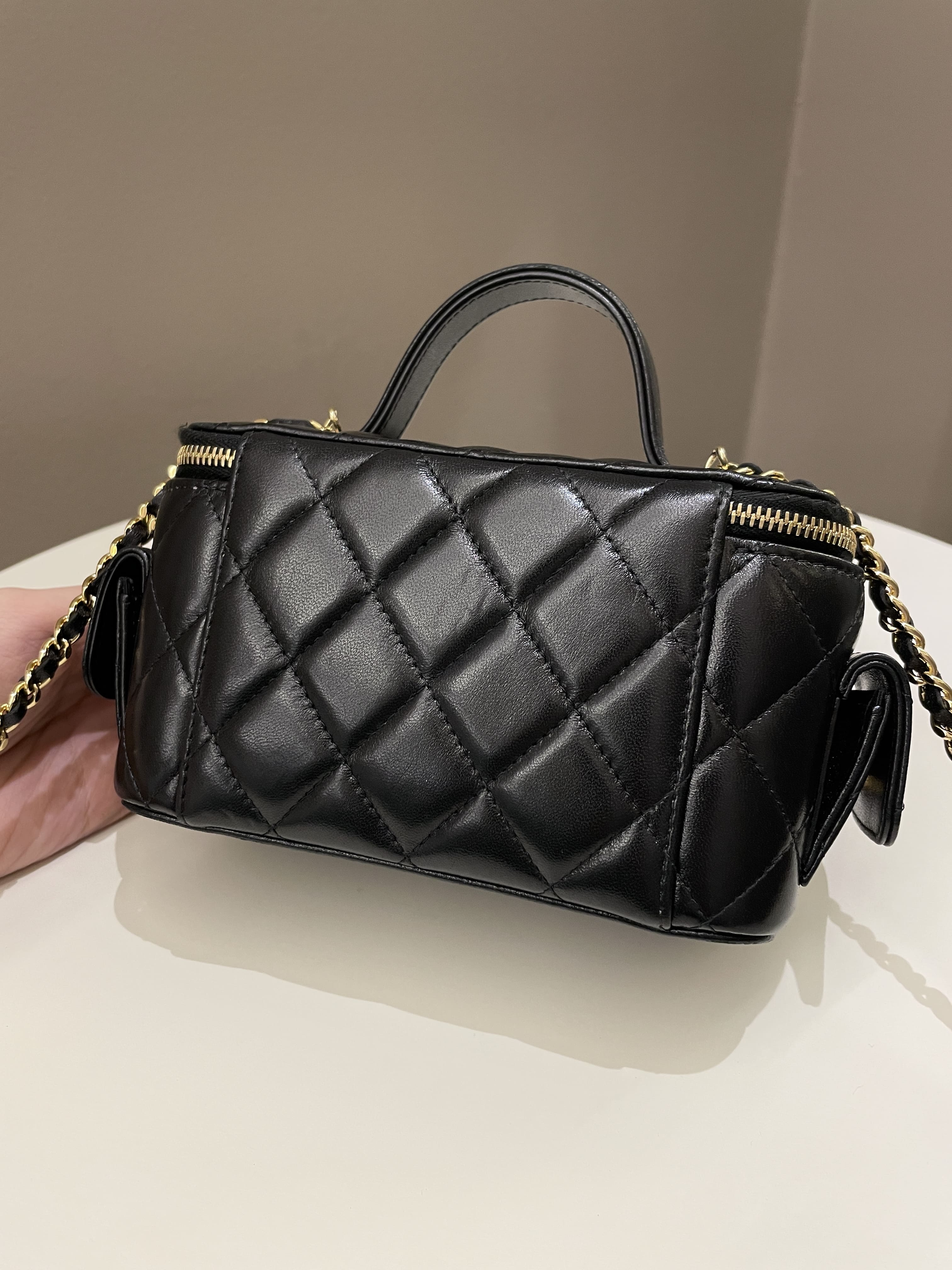 Chanel Polly Pocket Multi Pocket Vanity Case Bag Black Glazed Lambskin