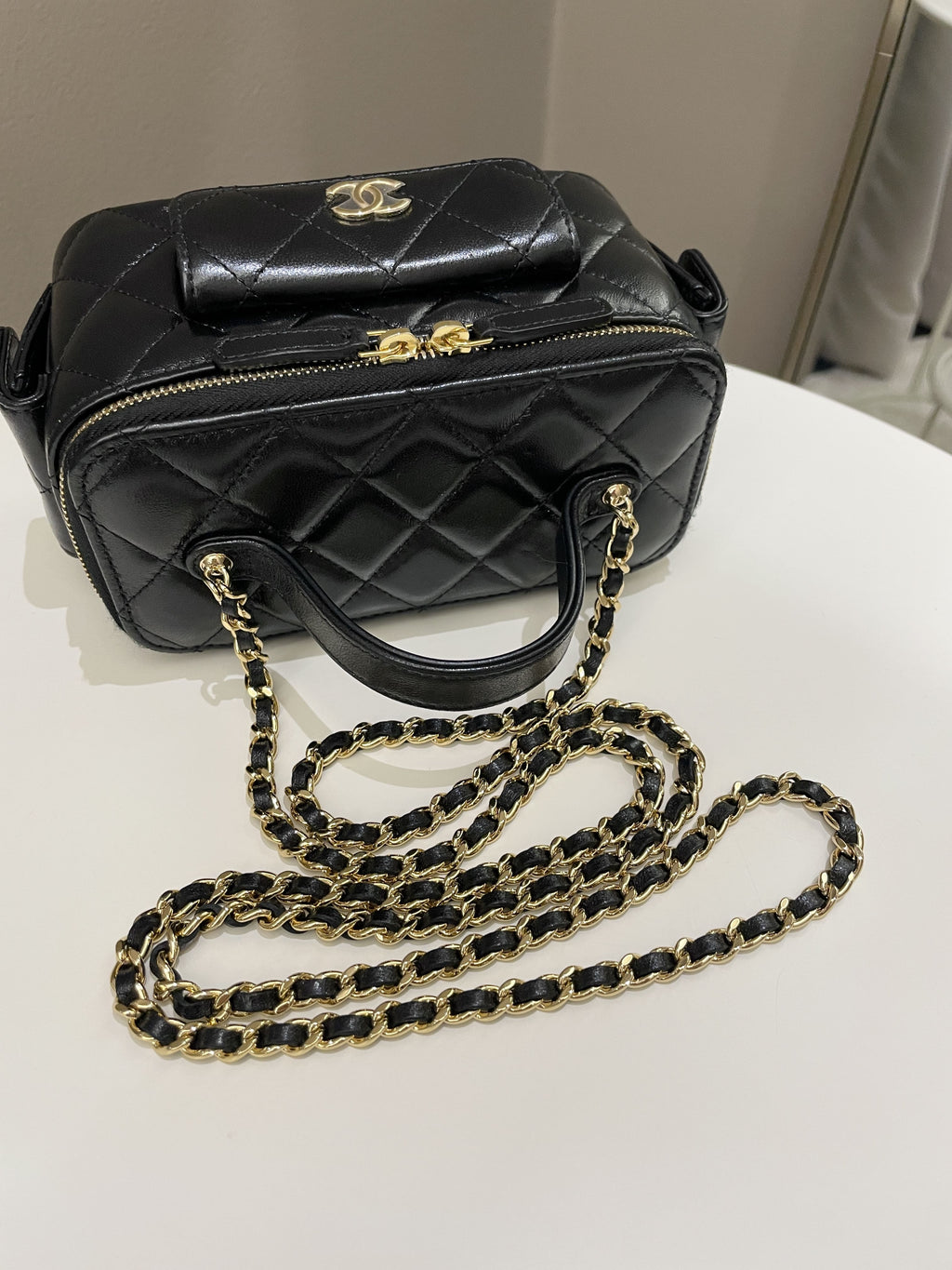 Chanel Polly Pocket Multi Pocket Vanity Case Bag Black Glazed Lambskin