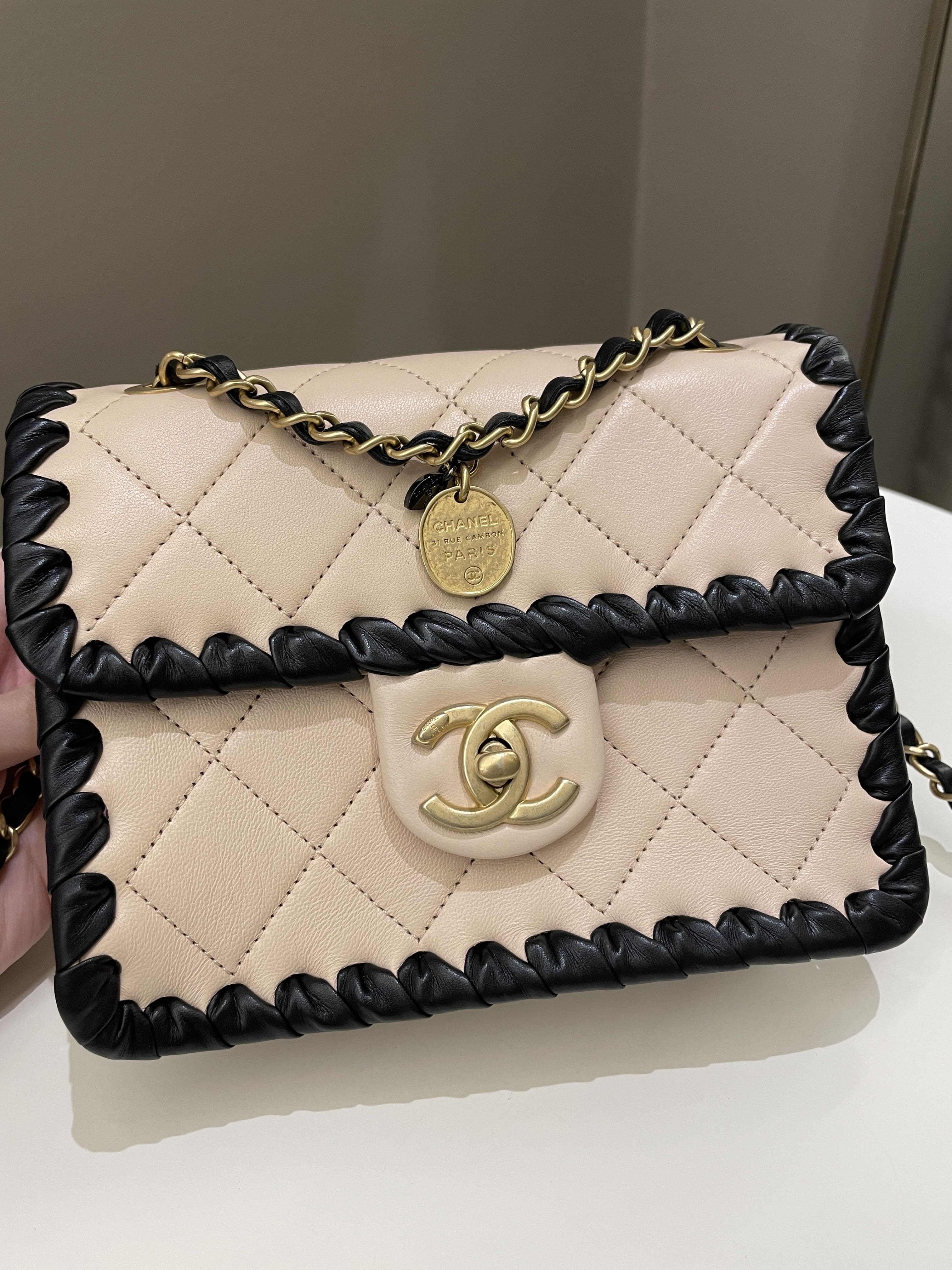 Chanel Whipstitch My Own Mini Frame Bag Beige/ Black Lambskin
