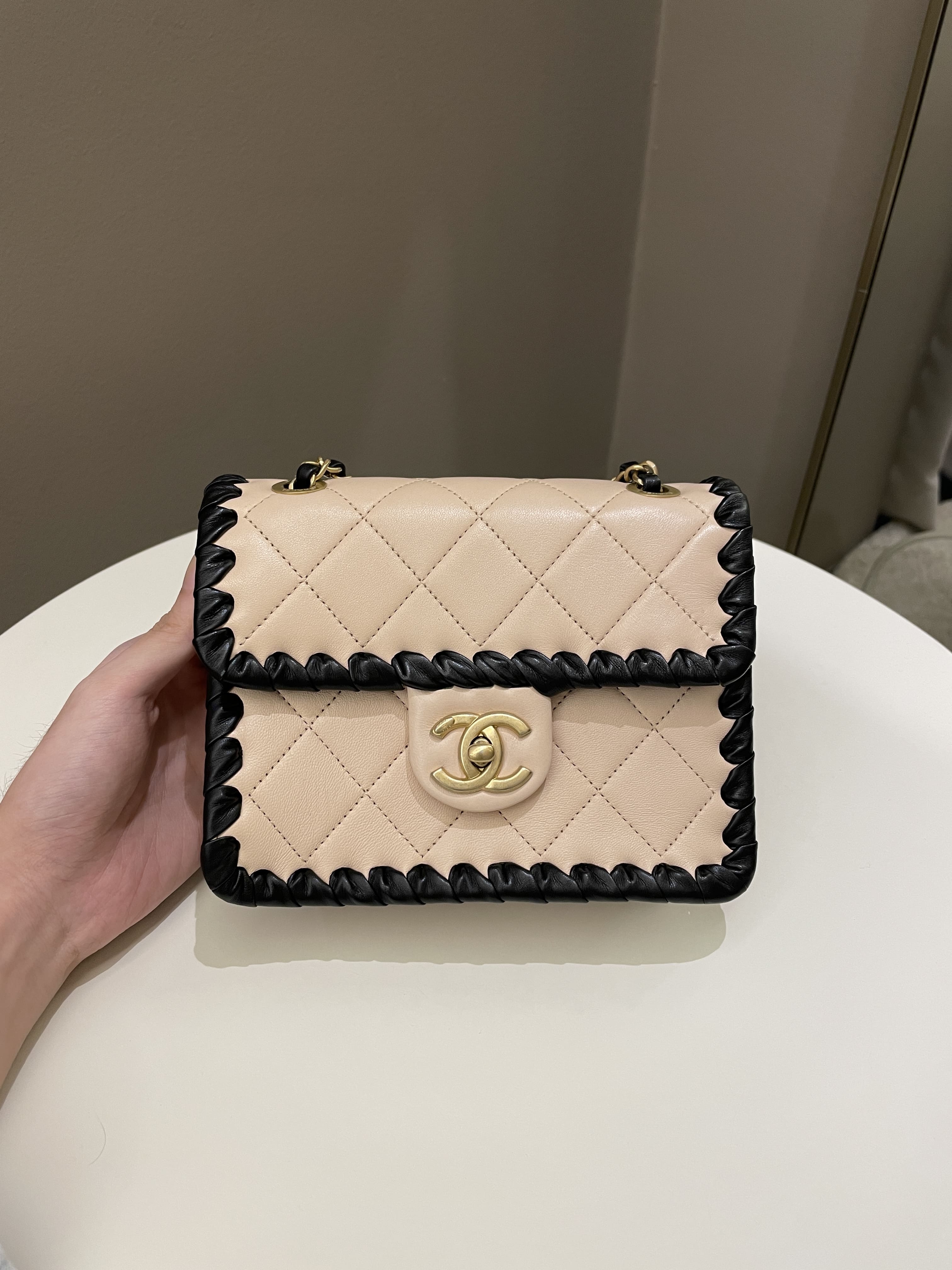 Chanel Whipstitch My Own Mini Frame Bag Beige/ Black Lambskin