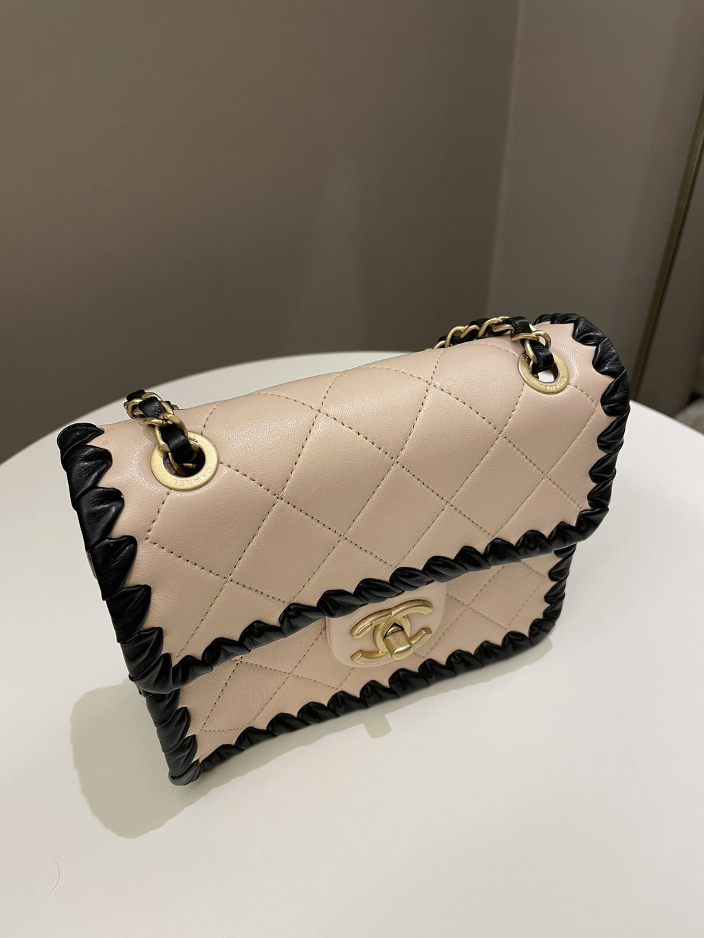 Chanel Whipstitch My Own Mini Frame Bag Beige/ Black Lambskin