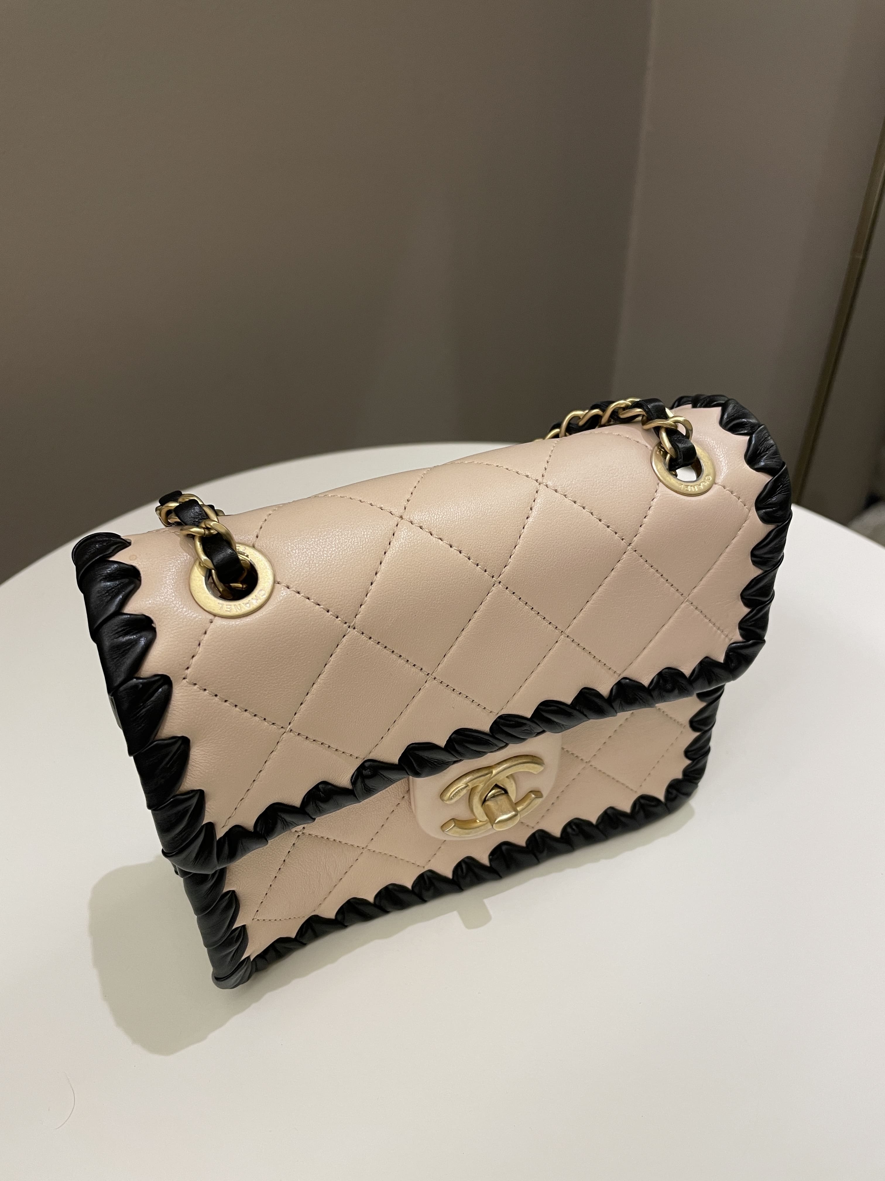 Chanel Whipstitch My Own Mini Frame Bag Beige/ Black Lambskin