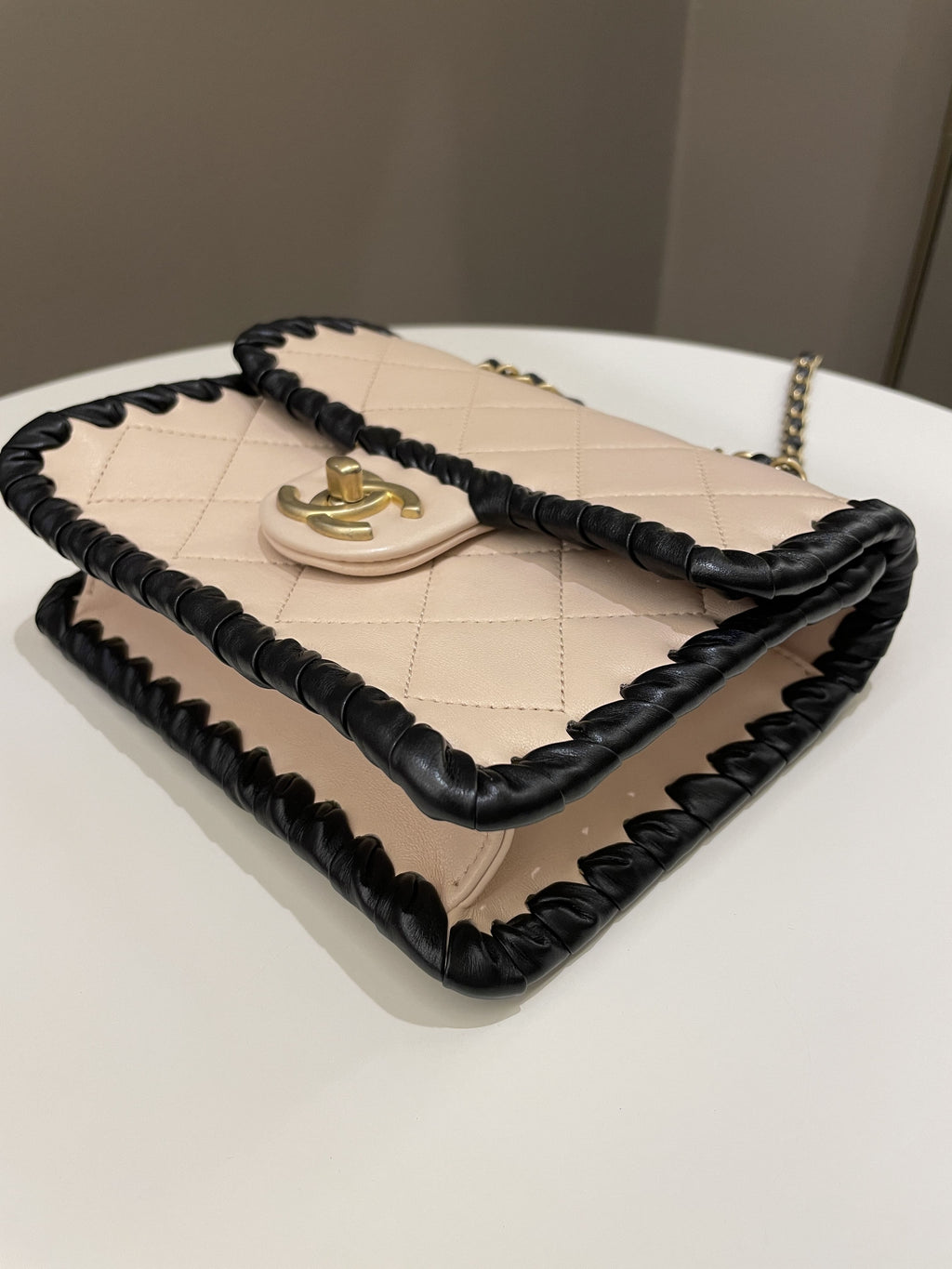 Chanel Whipstitch My Own Mini Frame Bag Beige/ Black Lambskin