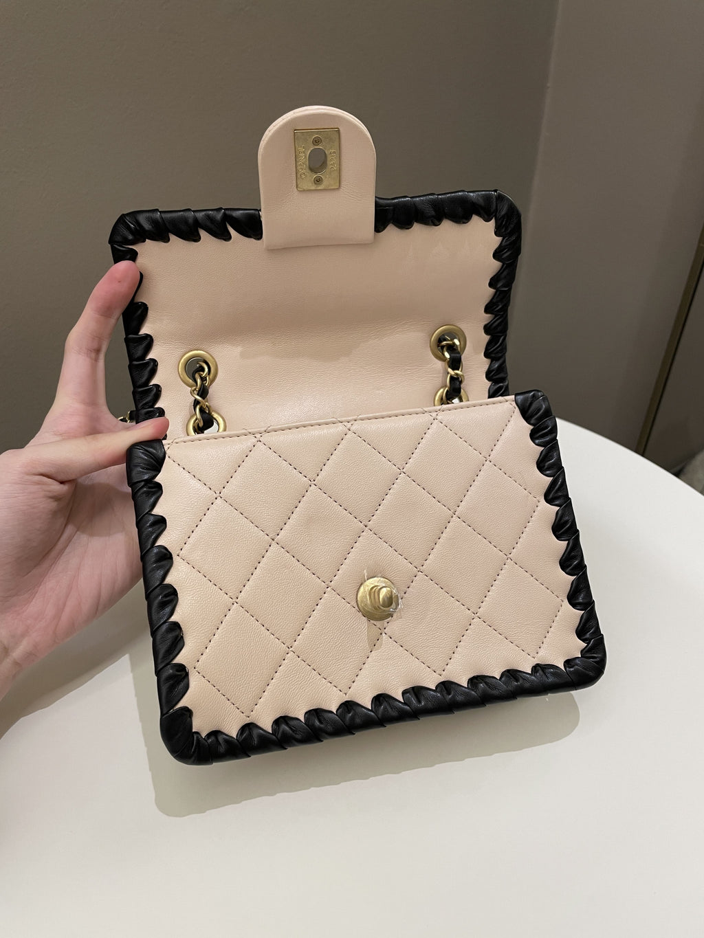 Chanel Whipstitch My Own Mini Frame Bag Beige/ Black Lambskin
