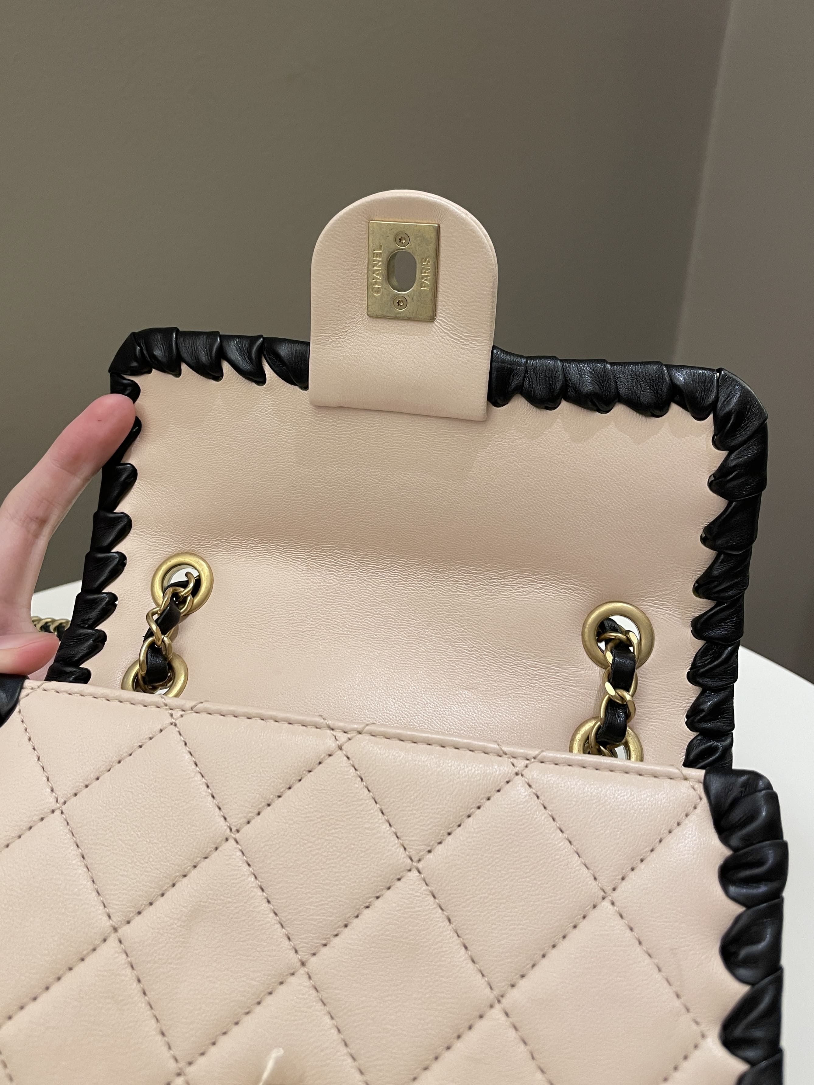 Chanel Whipstitch My Own Mini Frame Bag Beige/ Black Lambskin