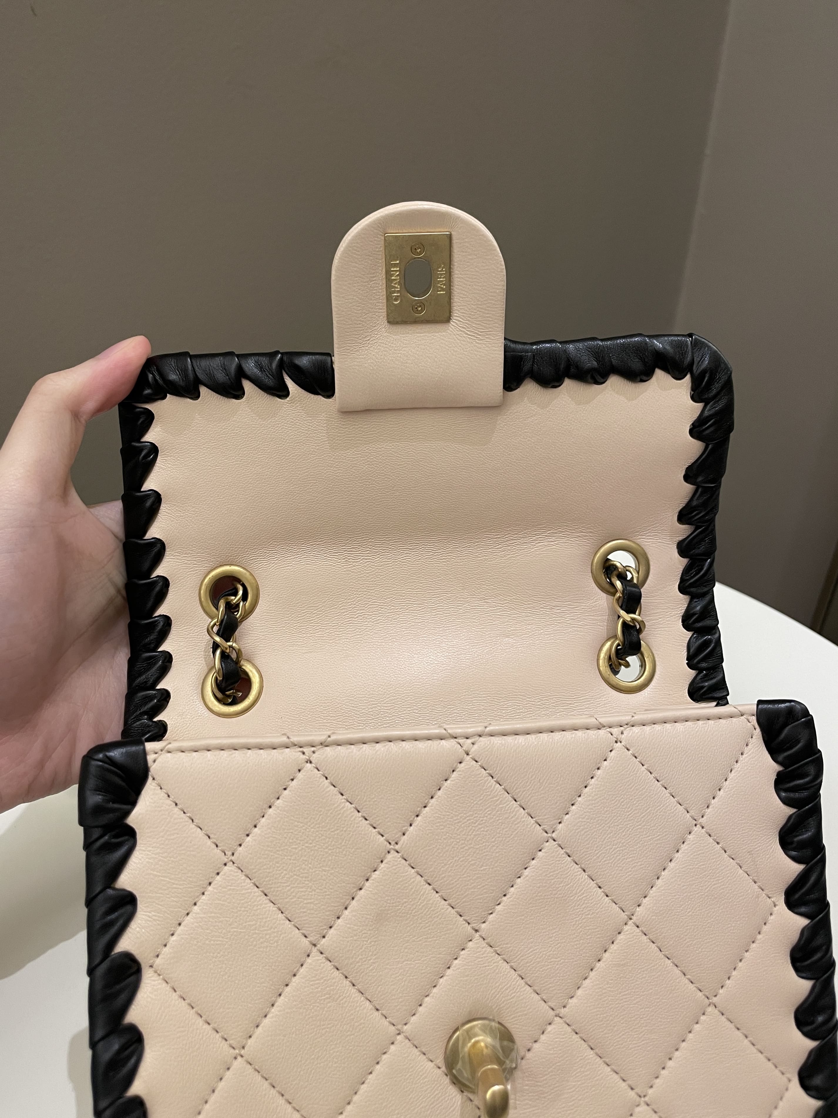 Chanel Whipstitch My Own Mini Frame Bag Beige/ Black Lambskin