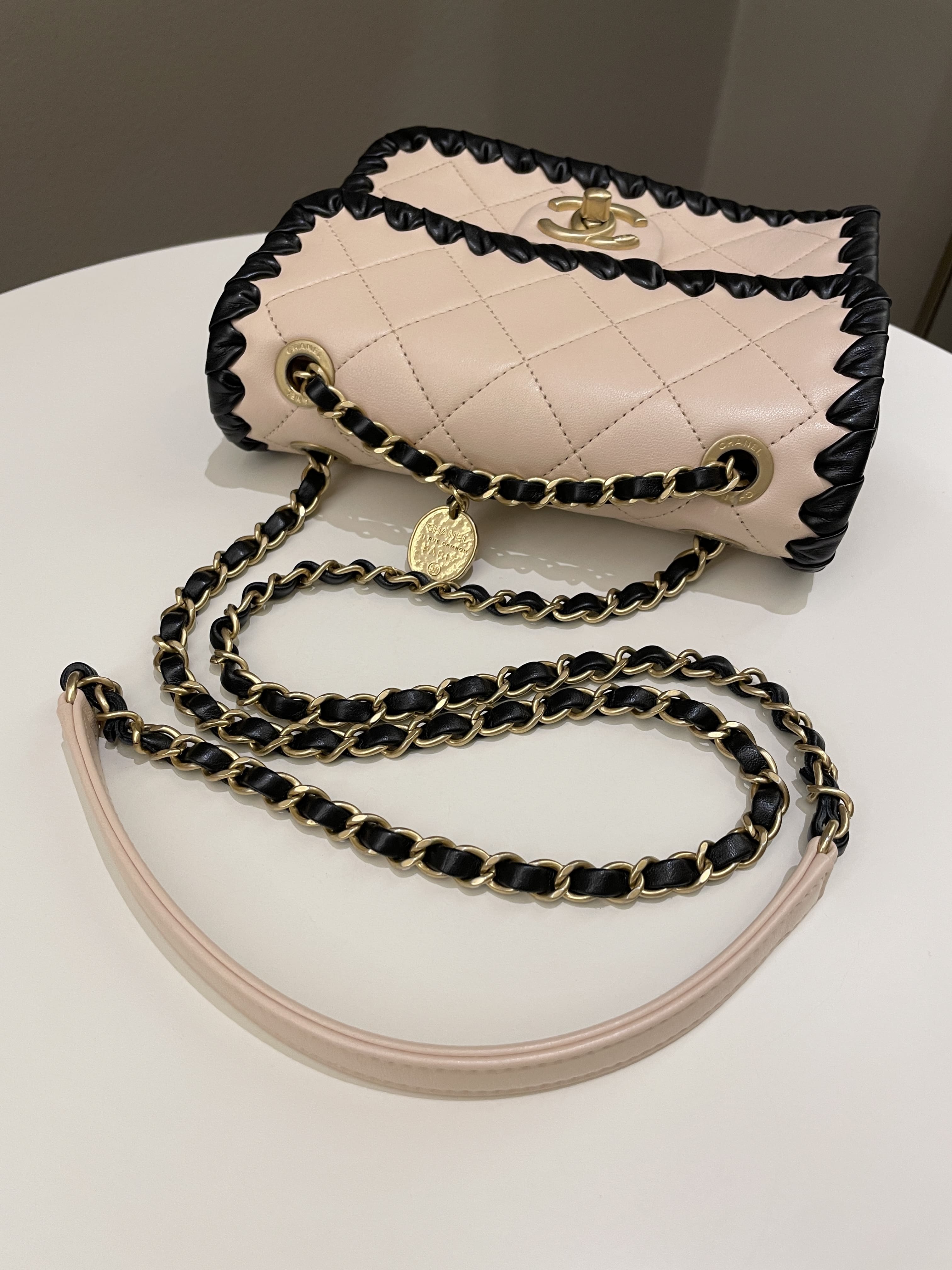 Chanel Whipstitch My Own Mini Frame Bag Beige/ Black Lambskin