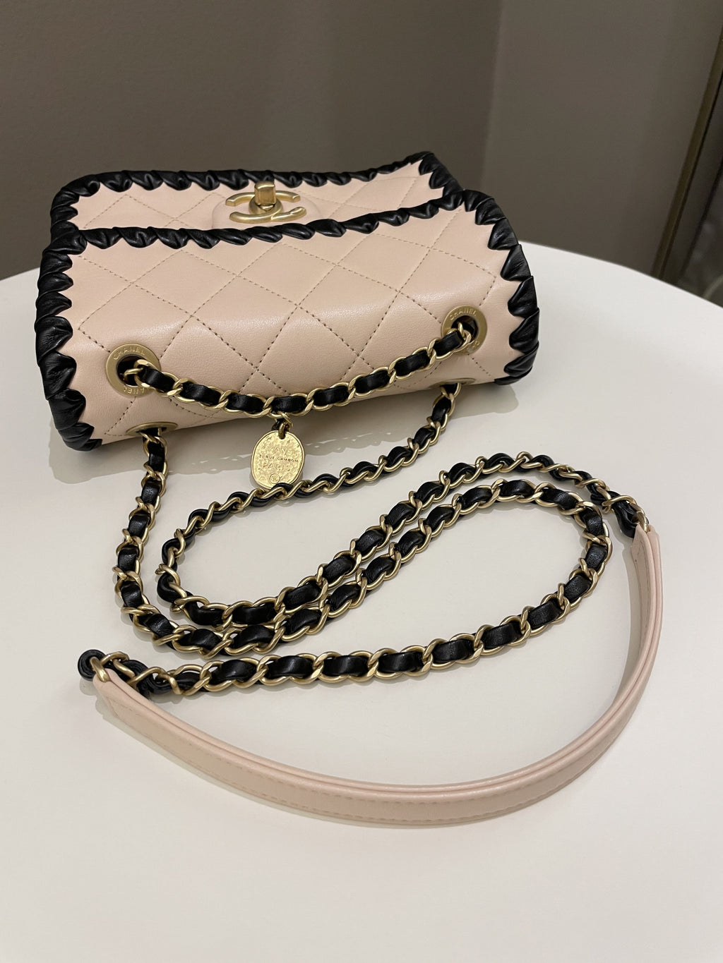 Chanel Whipstitch My Own Mini Frame Bag Beige/ Black Lambskin