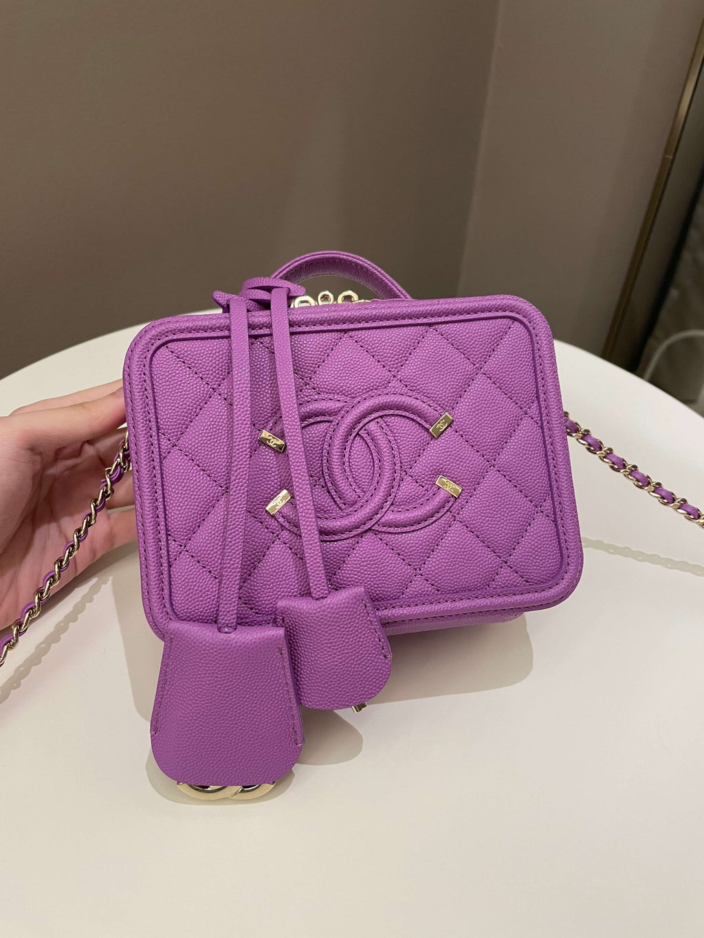 Chanel Filigree Vanity Case Purple Caviar