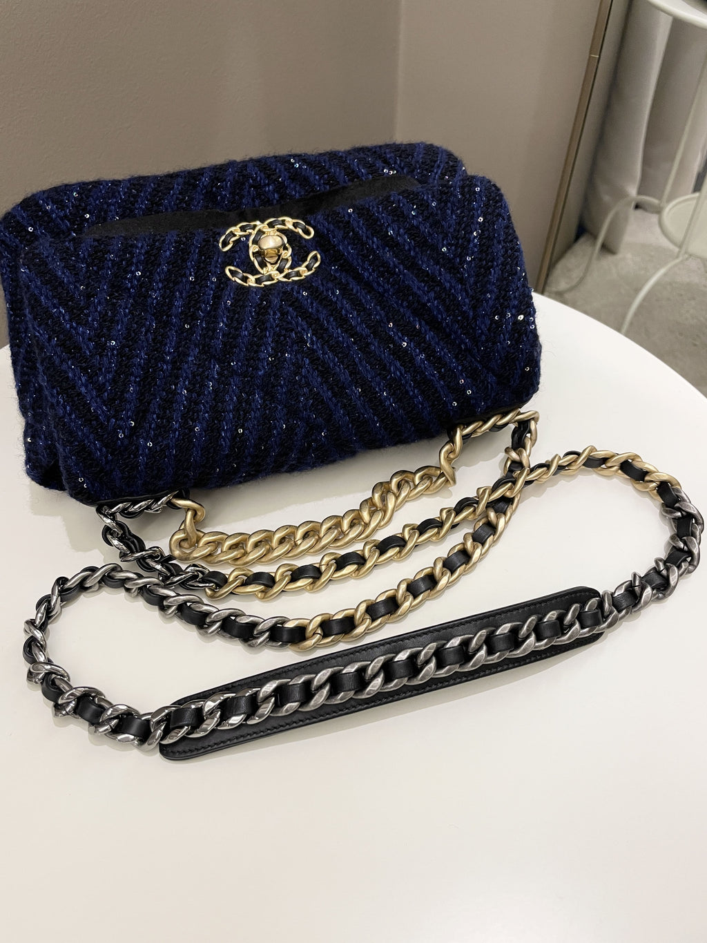 Chanel 19 Flap Bag Black / Blue Tweed Sequin