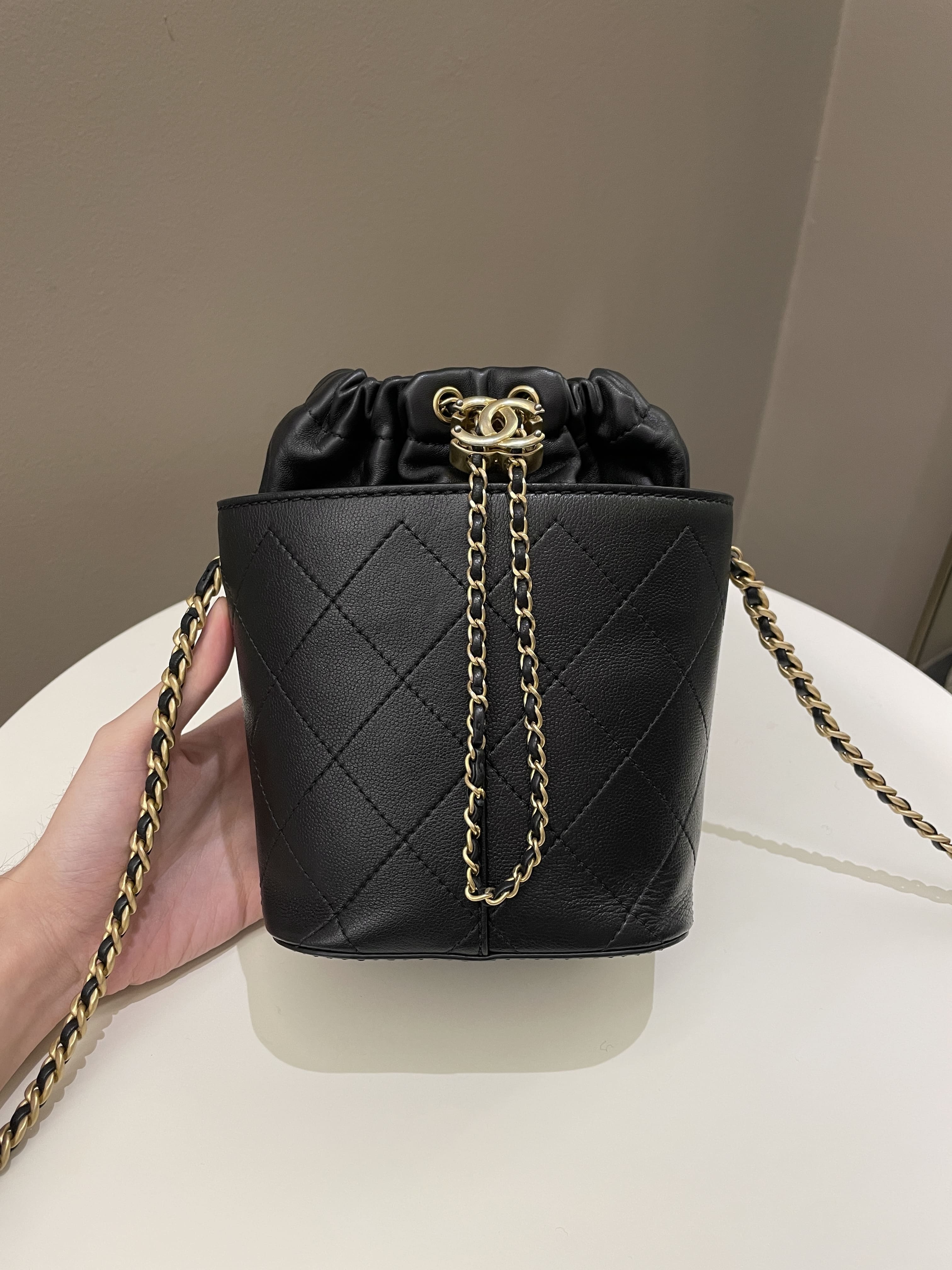Chanel Cc Quilted Drawstring Bucket Black Caviar / Lambskin