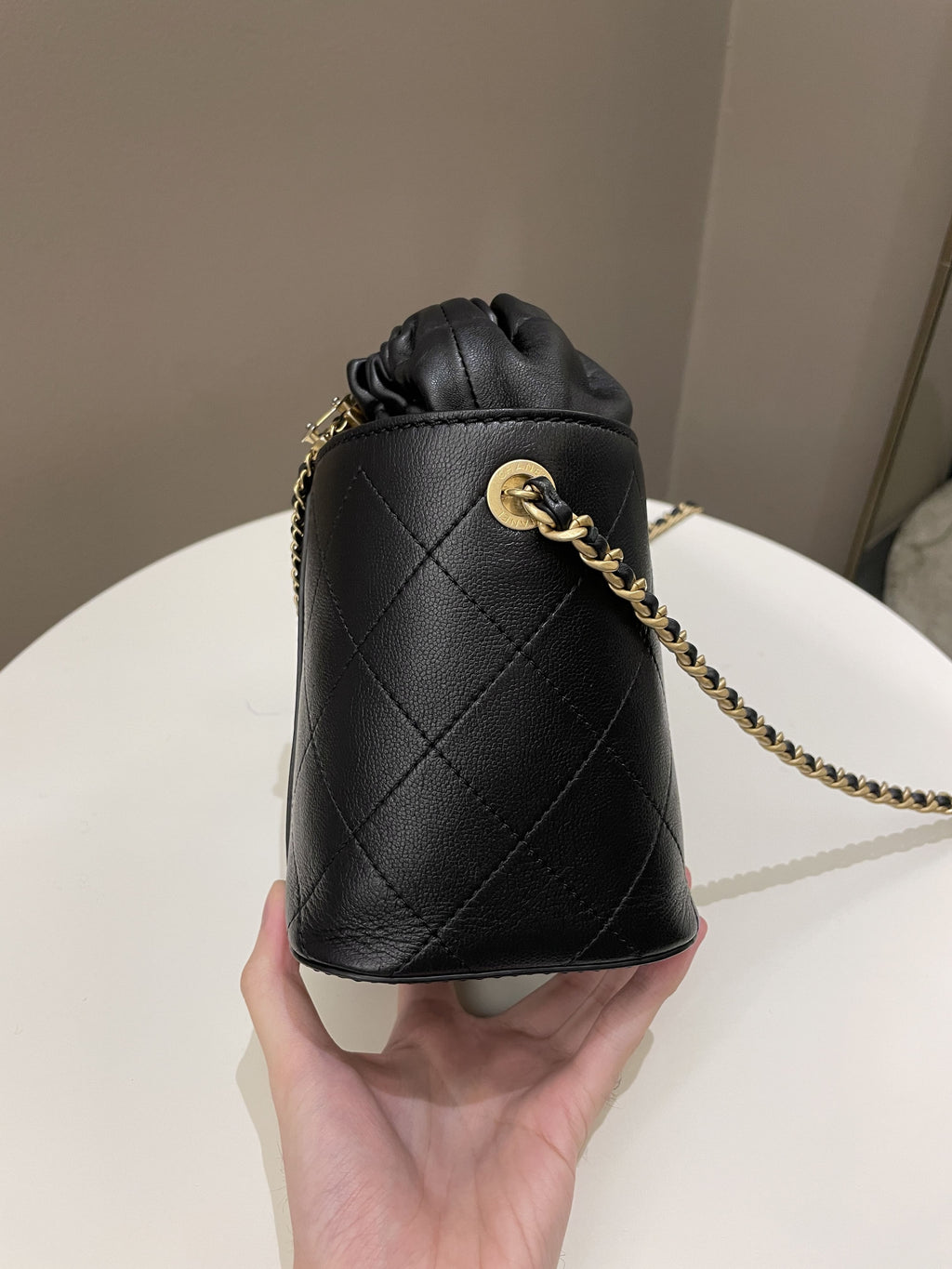 Chanel Cc Quilted Drawstring Bucket Black Caviar / Lambskin
