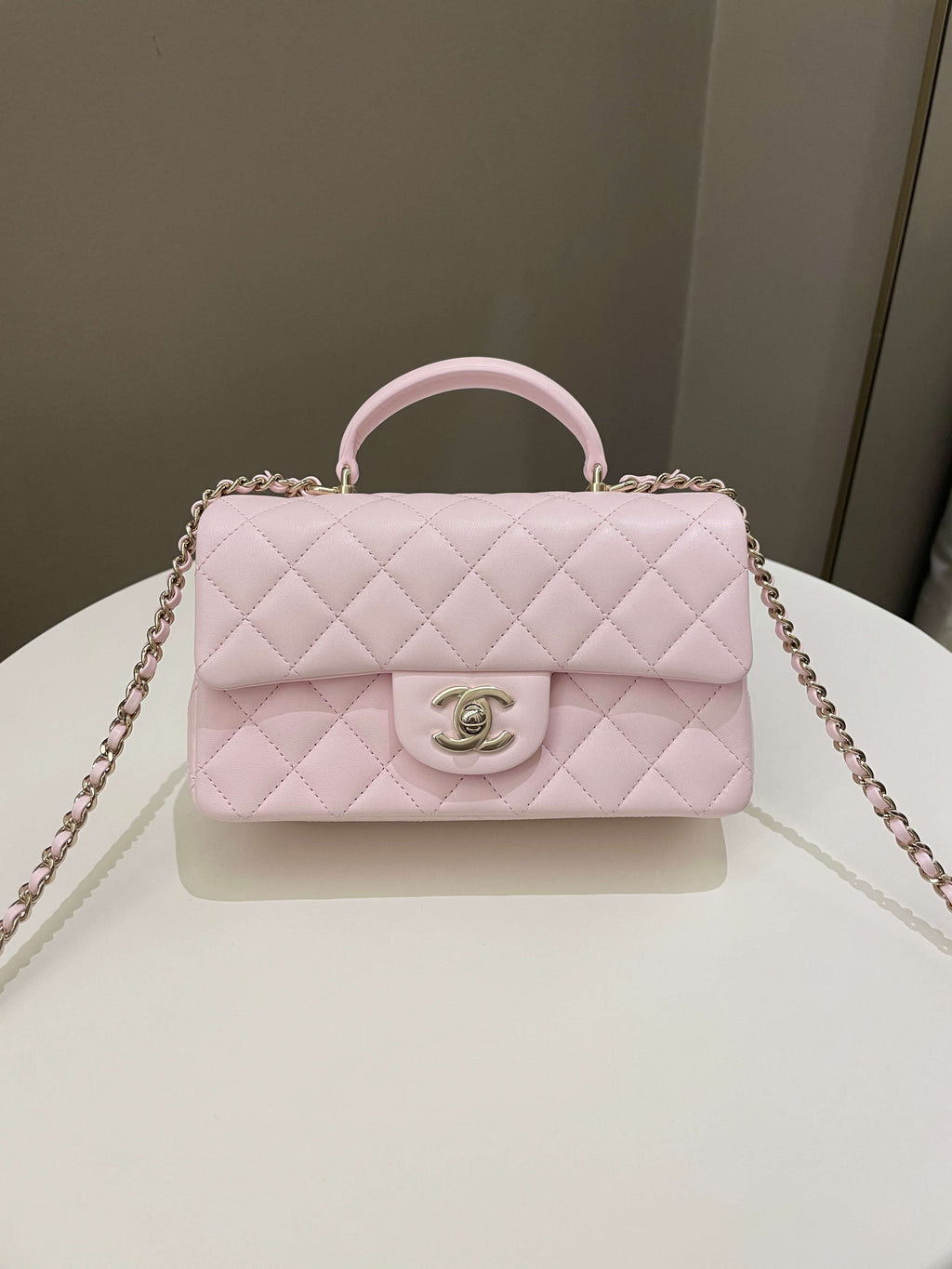 Chanel Quilted Top Handle Mini Rectangular Pale Pink Lambskin