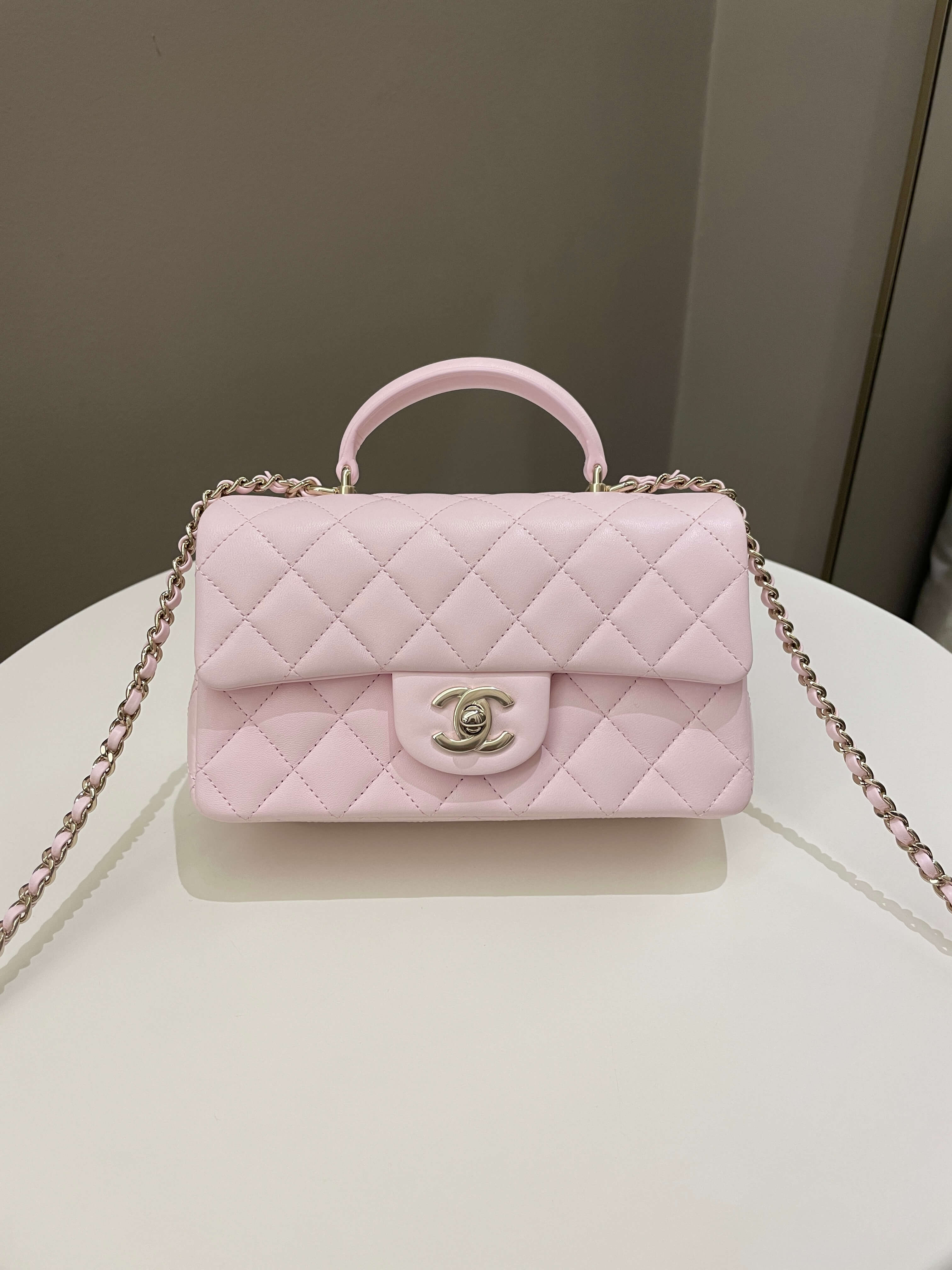 Chanel Quilted Top Handle Mini Rectangular Pale Pink Lambskin