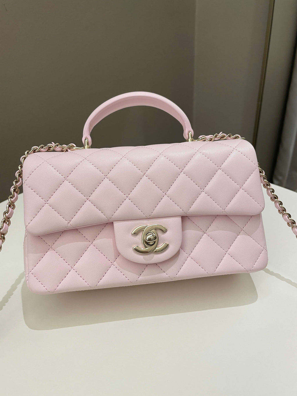 Chanel Quilted Top Handle Mini Rectangular Pale Pink Lambskin
