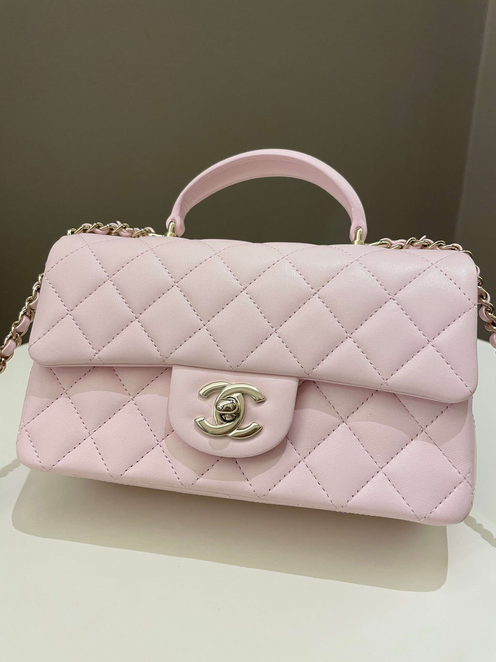 Chanel Quilted Top Handle Mini Rectangular Pale Pink Lambskin