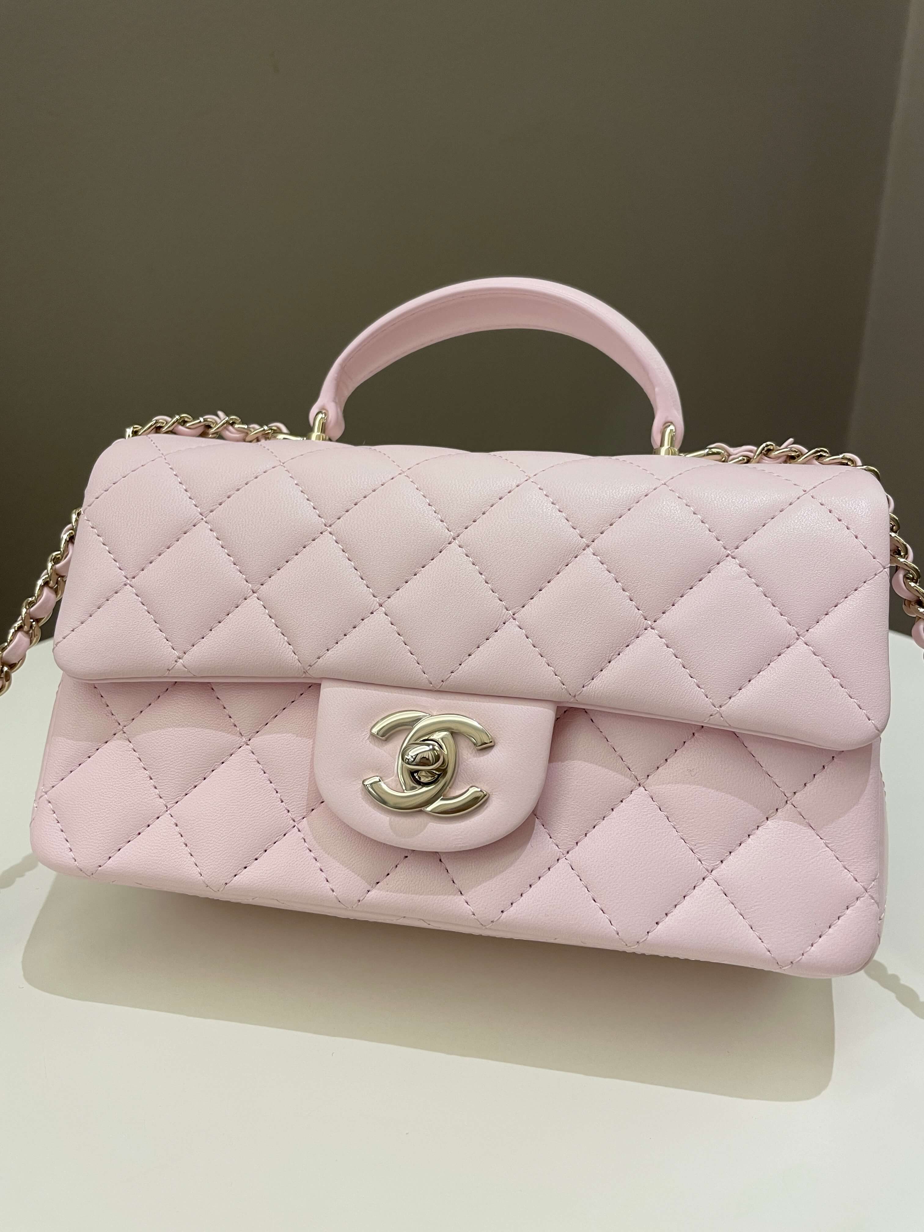 Chanel Quilted Top Handle Mini Rectangular Pale Pink Lambskin