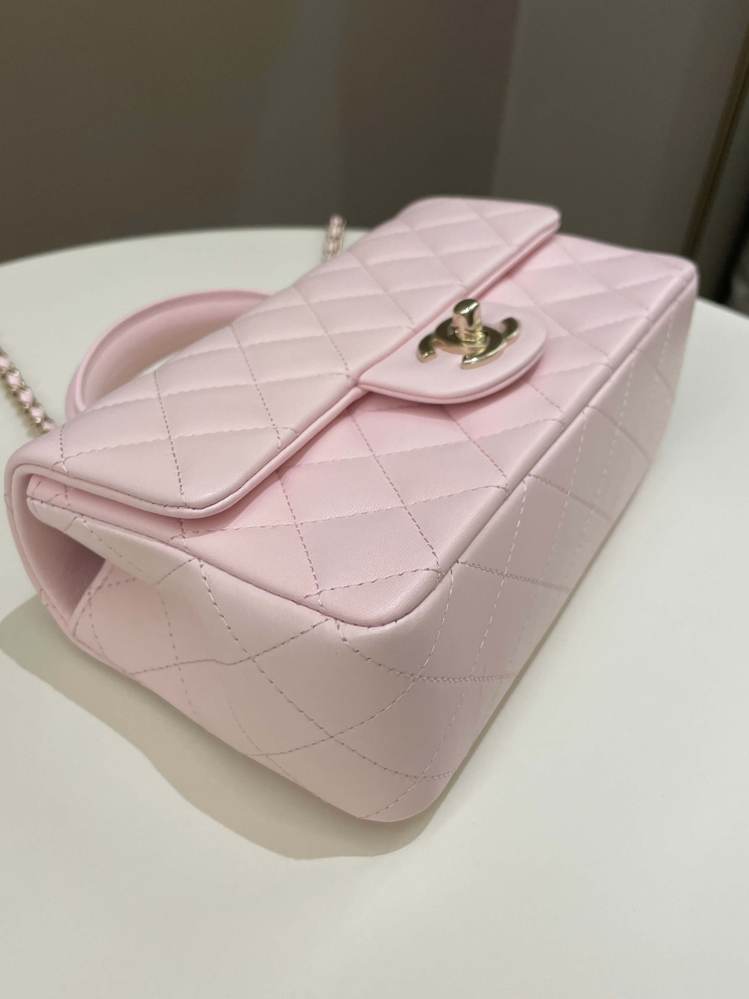 Chanel Quilted Top Handle Mini Rectangular Pale Pink Lambskin