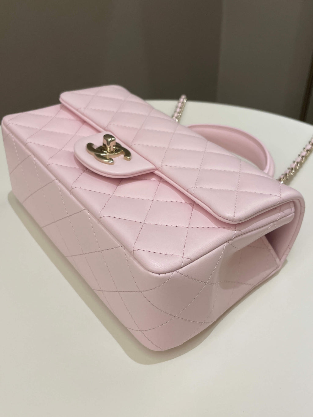 Chanel Quilted Top Handle Mini Rectangular Pale Pink Lambskin