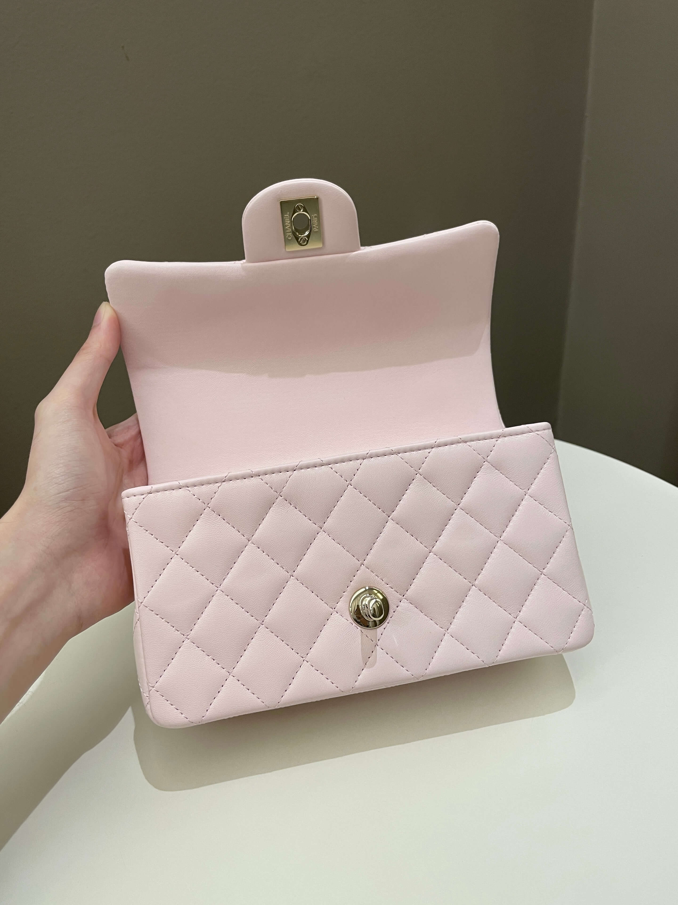 Chanel Quilted Top Handle Mini Rectangular Pale Pink Lambskin