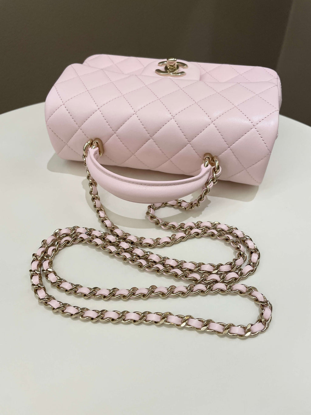 Chanel Quilted Top Handle Mini Rectangular Pale Pink Lambskin