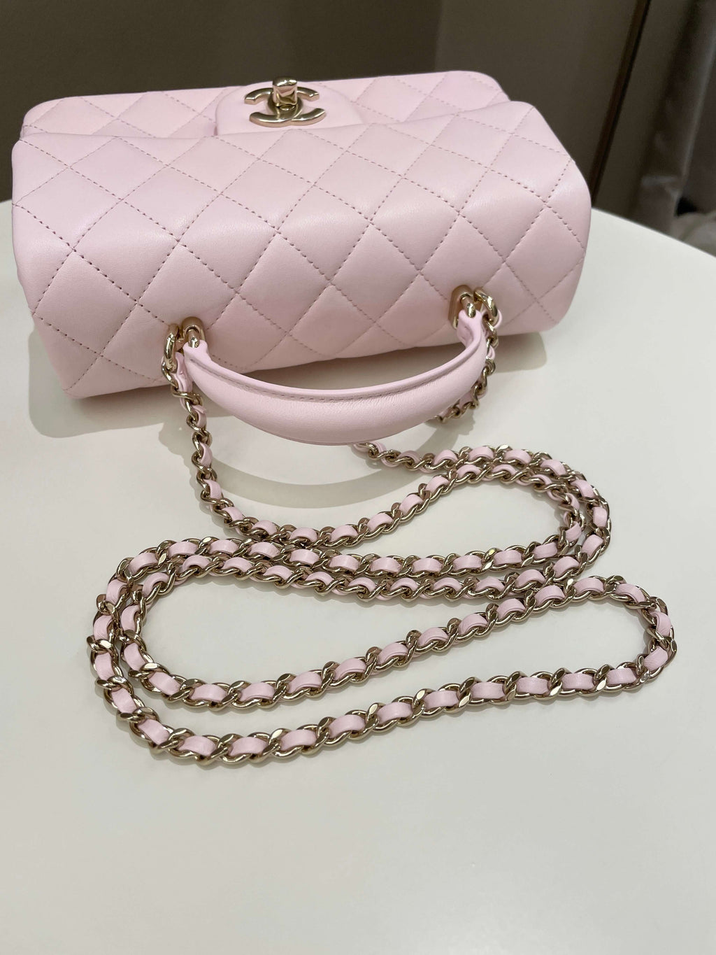 Chanel Quilted Top Handle Mini Rectangular Pale Pink Lambskin