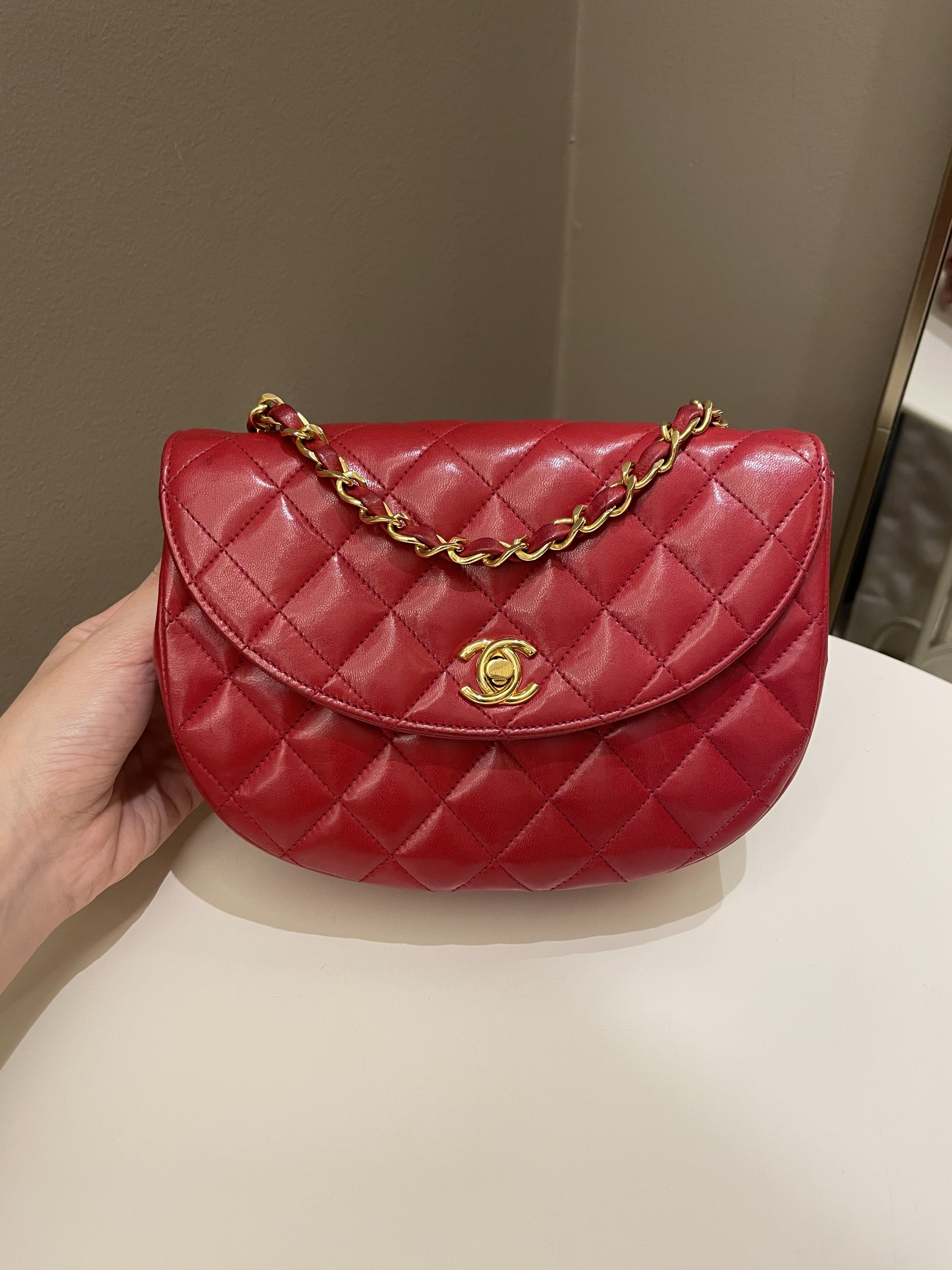 Chanel Vintage Quilted Cc Curve Bag Red Lambskin