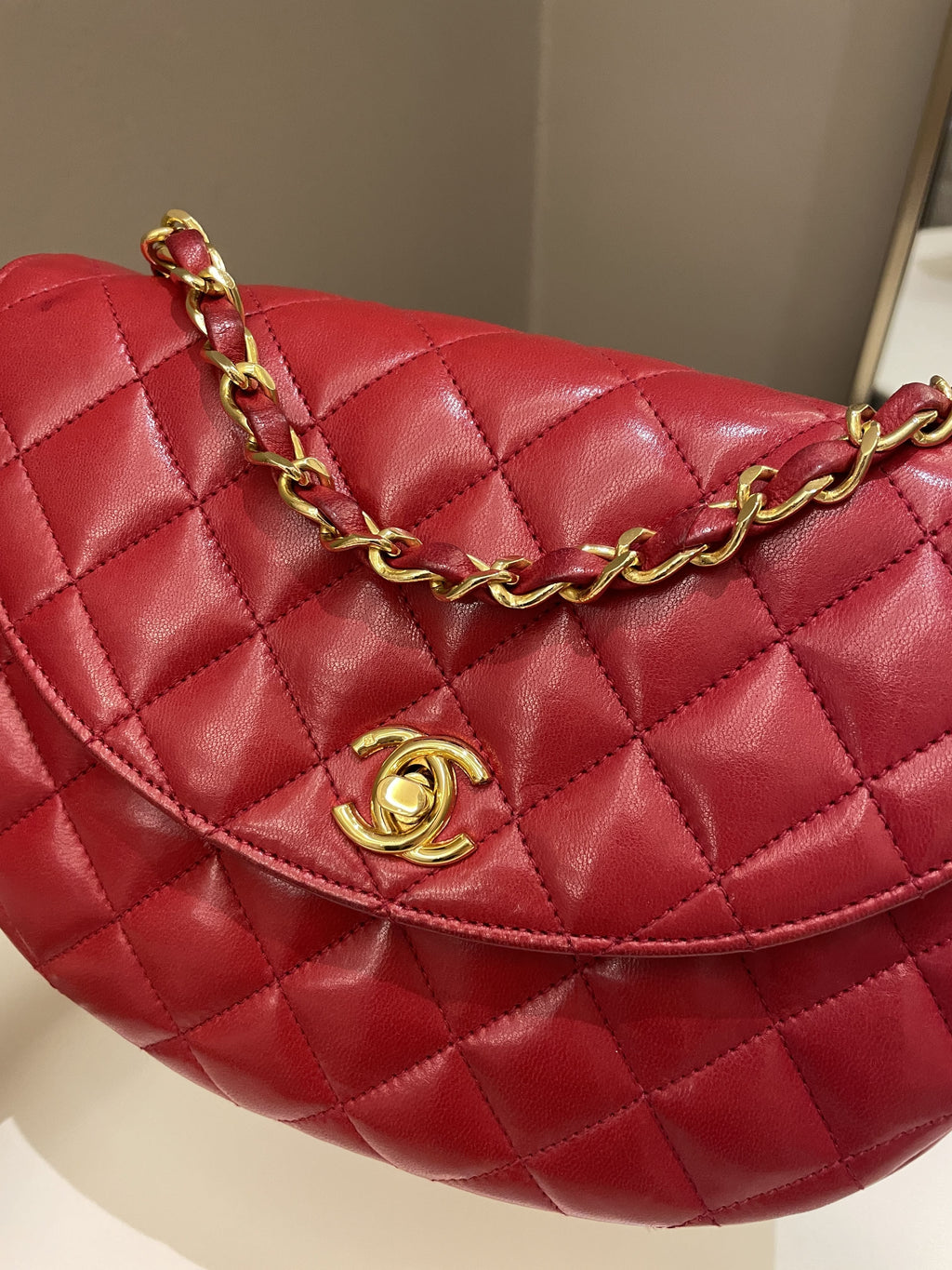 Chanel Vintage Quilted Cc Curve Bag Red Lambskin