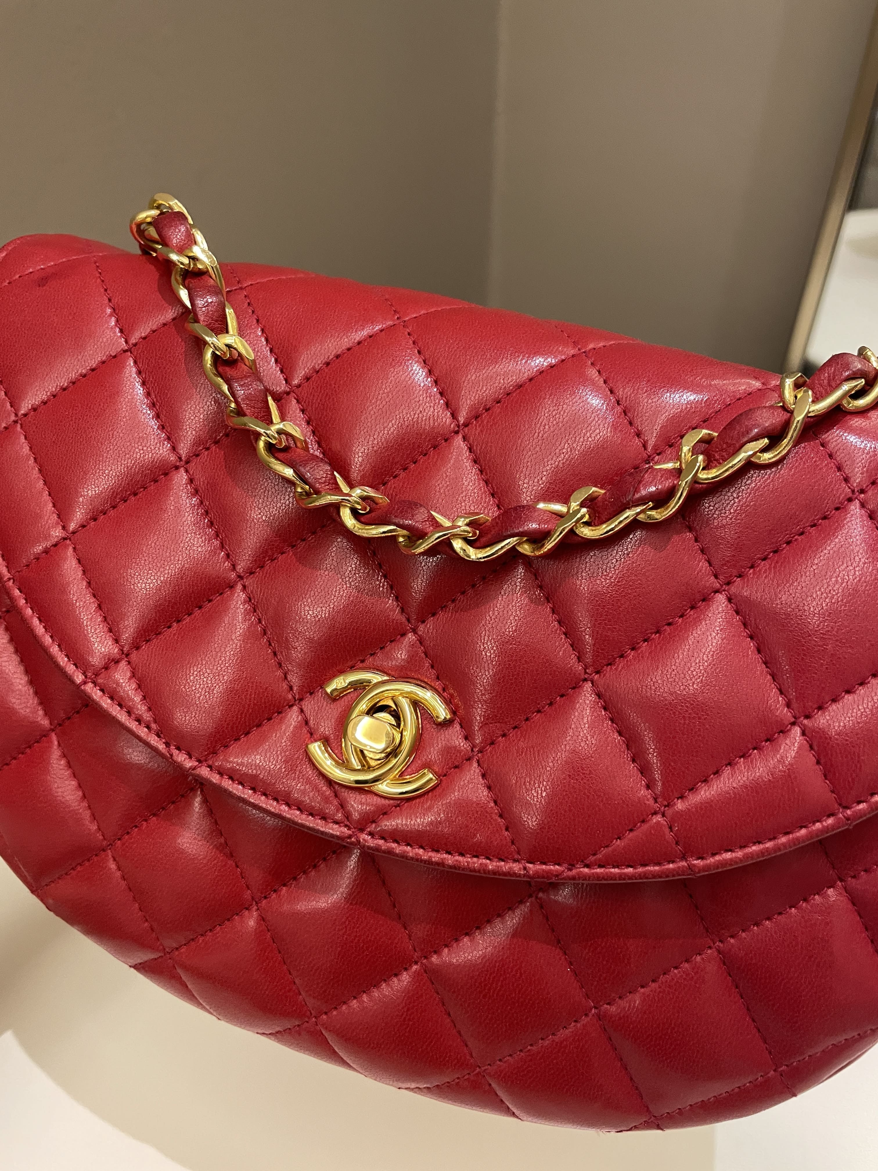 Chanel Vintage Quilted Cc Curve Bag Red Lambskin