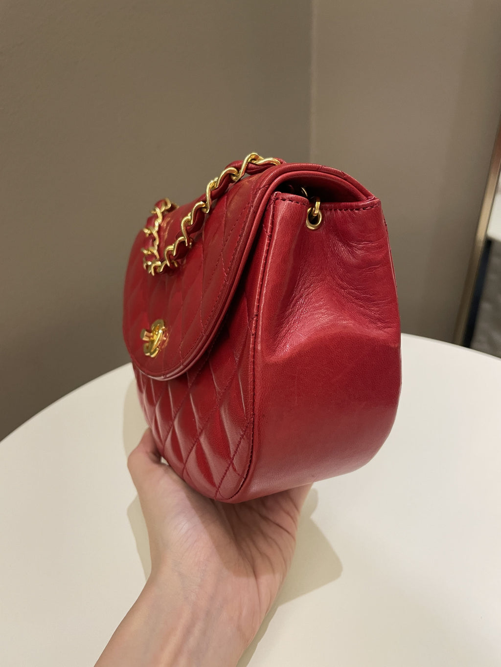 Chanel Vintage Quilted Cc Curve Bag Red Lambskin