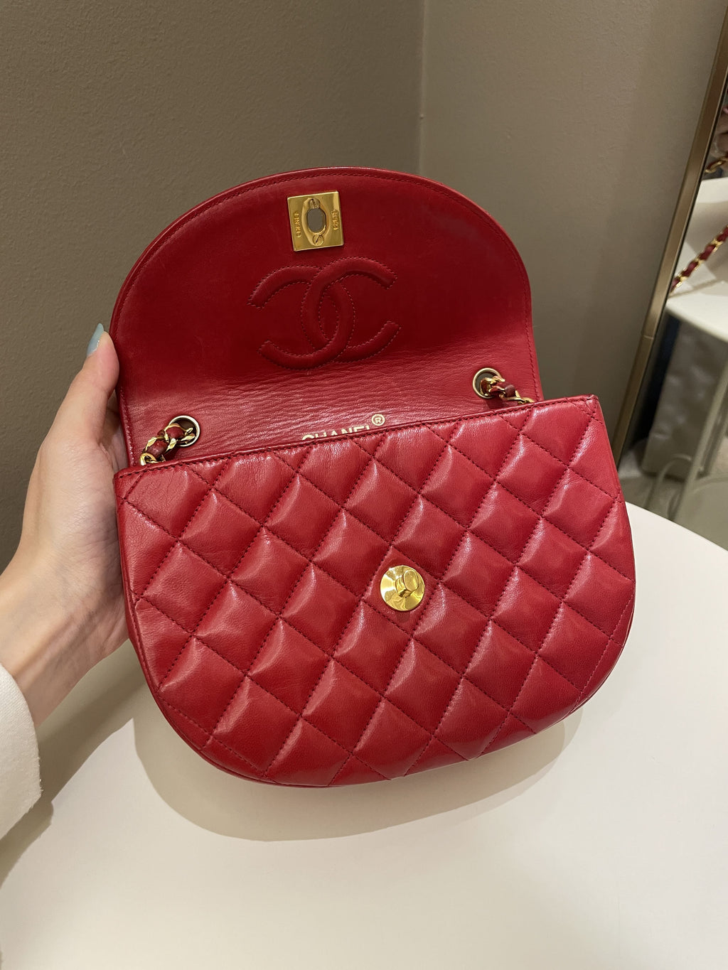 Chanel Vintage Quilted Cc Curve Bag Red Lambskin