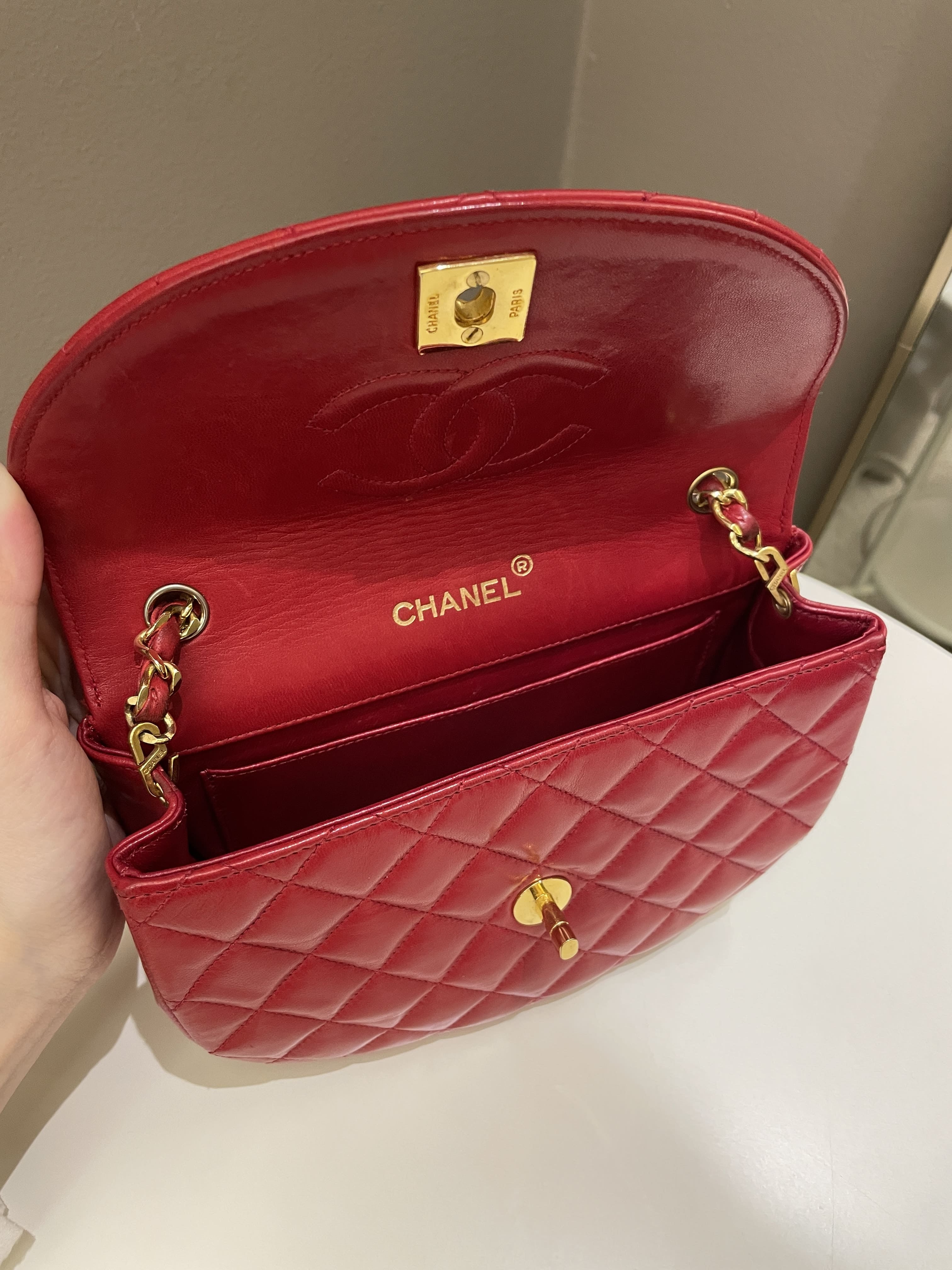 Chanel Vintage Quilted Cc Curve Bag Red Lambskin