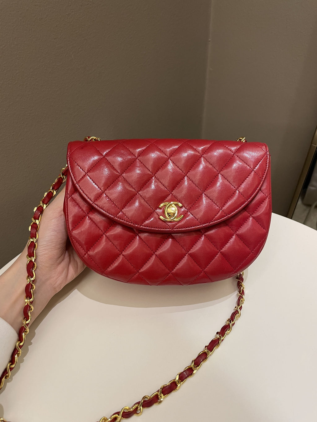 Chanel Vintage Quilted Cc Curve Bag Red Lambskin