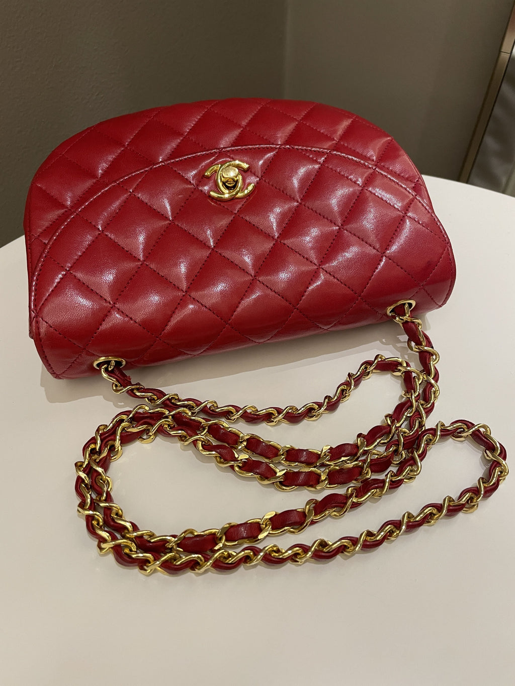 Chanel Vintage Quilted Cc Curve Bag Red Lambskin