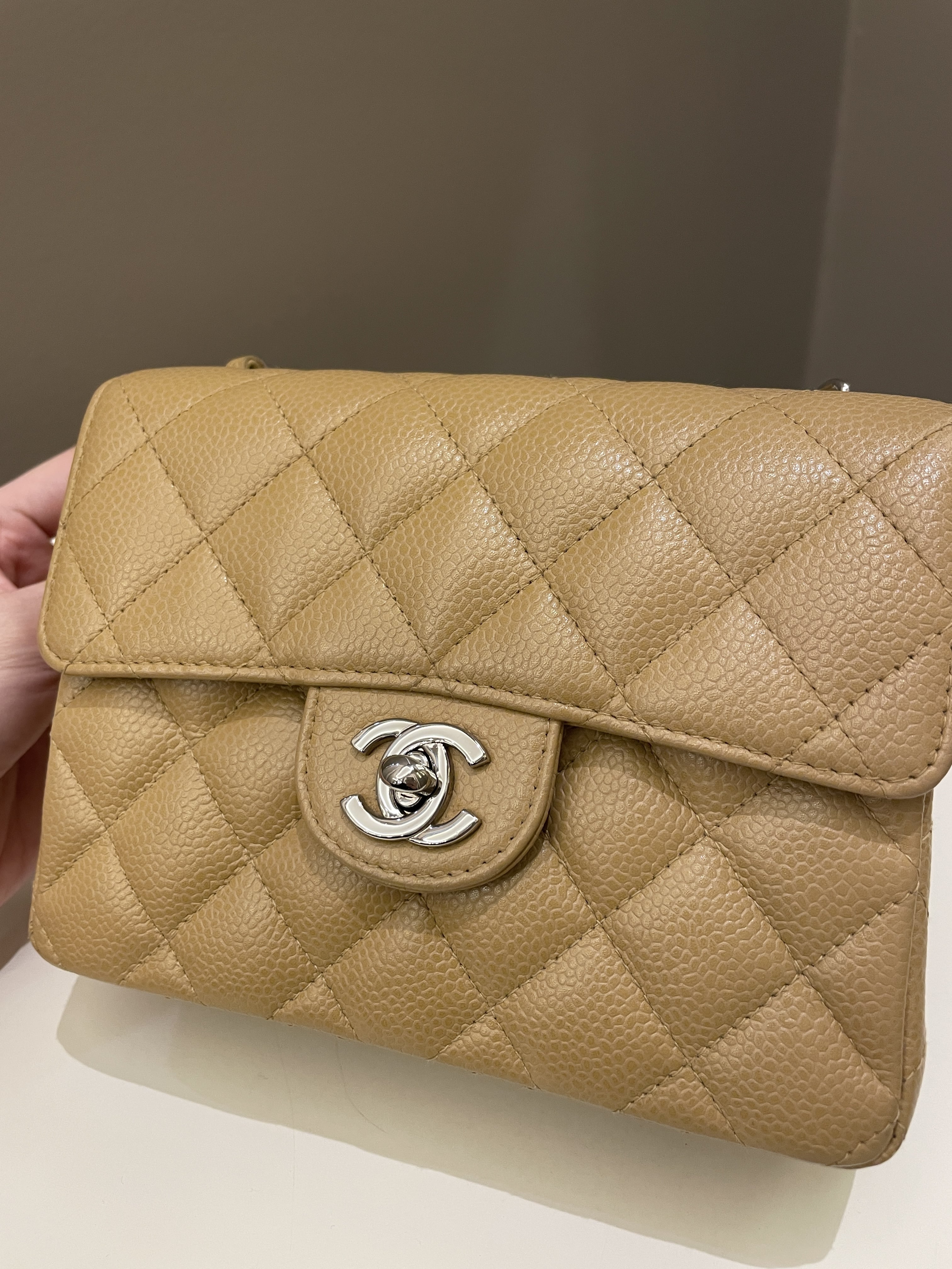 Chanel Vintage Classic Quilted Mini Square Dark Beige Caviar